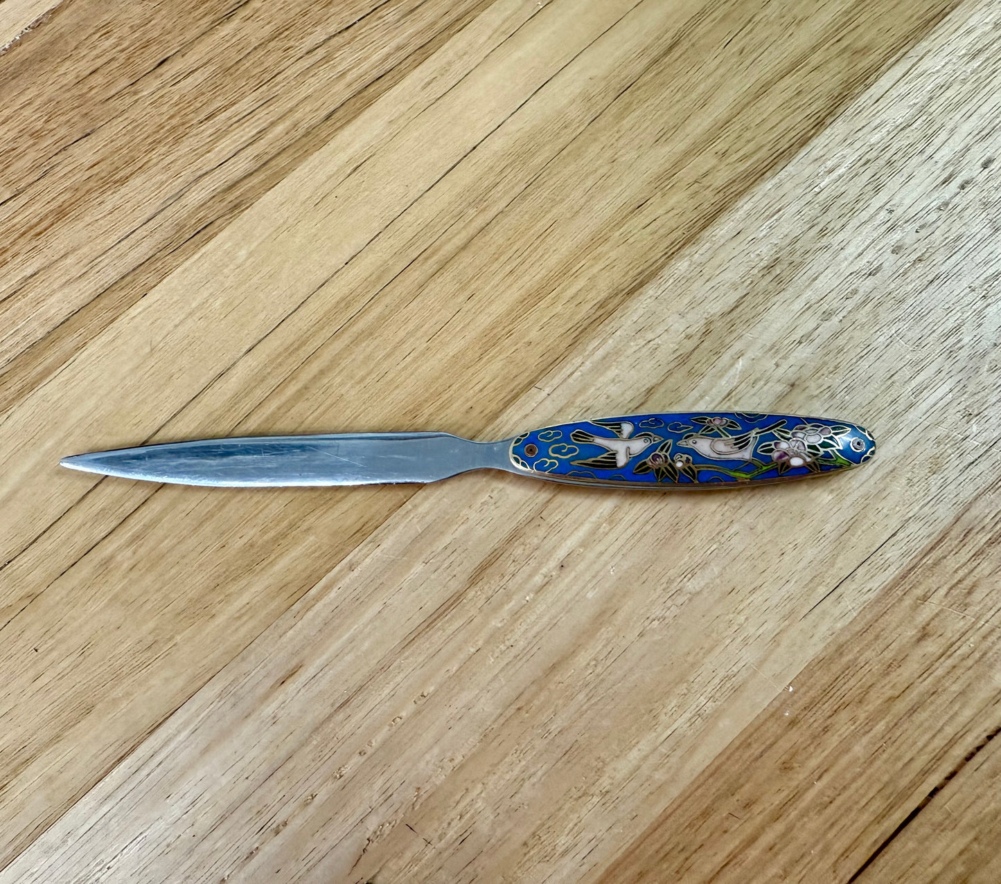 Vintage Chrome Letter Opener With Cloisonne Handle