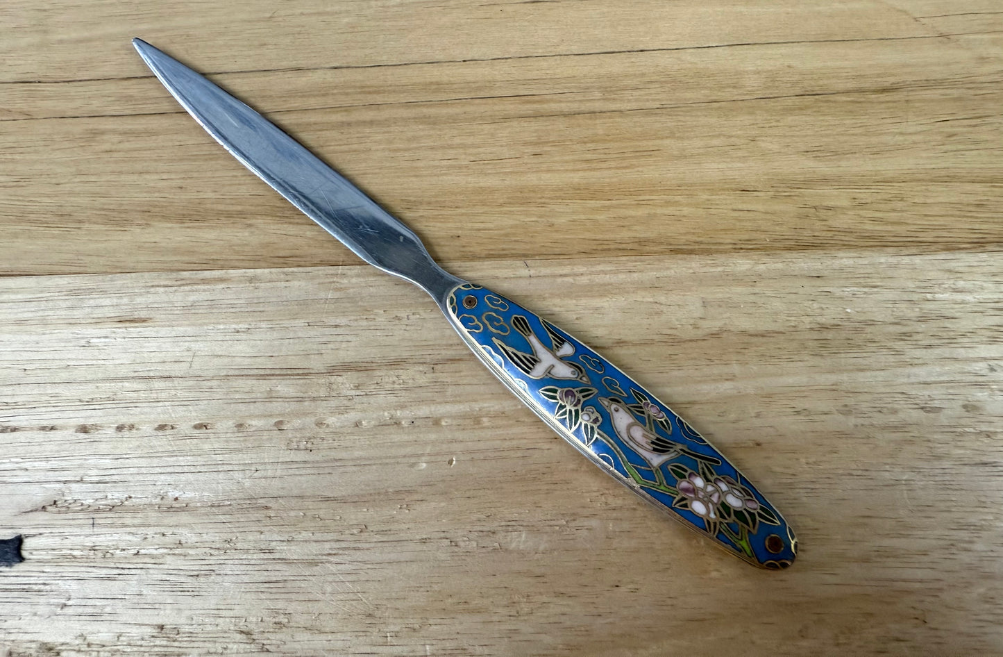 Vintage Chrome Letter Opener With Cloisonne Handle