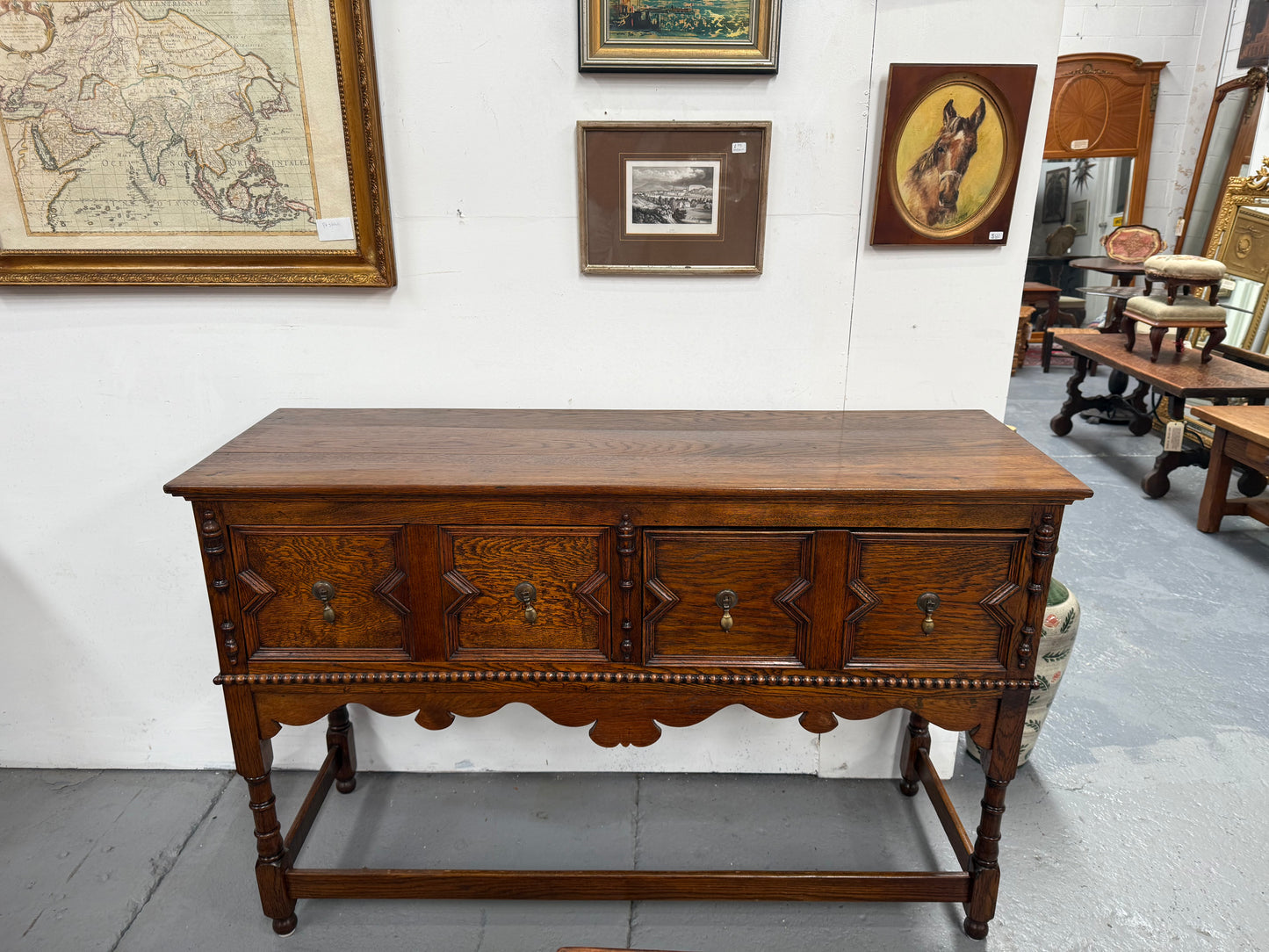 Tudor Style English Figured Oak Sideboard