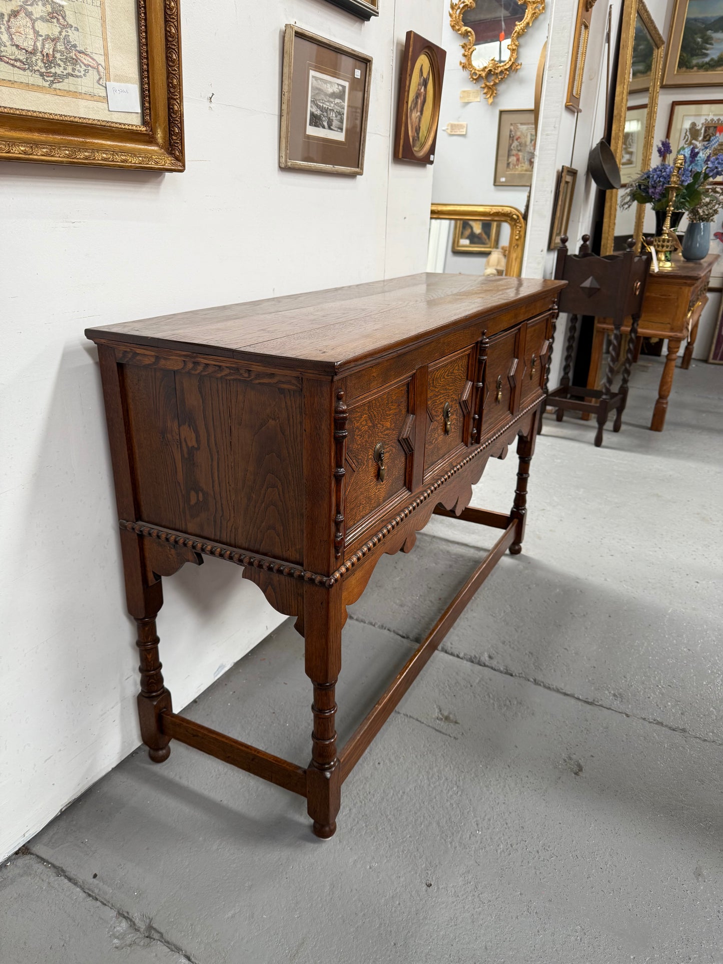 Tudor Style English Figured Oak Sideboard