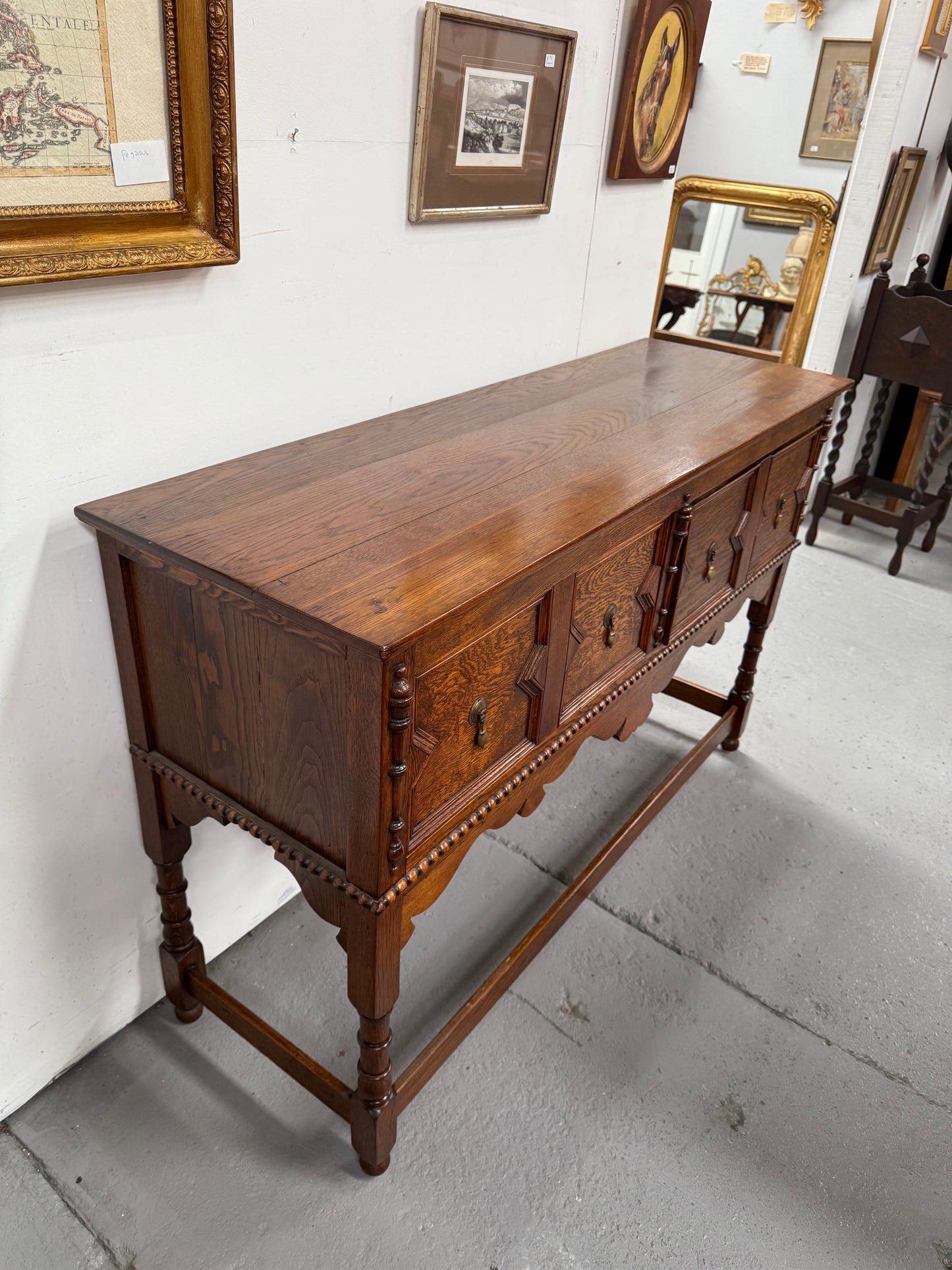 Tudor Style English Figured Oak Sideboard