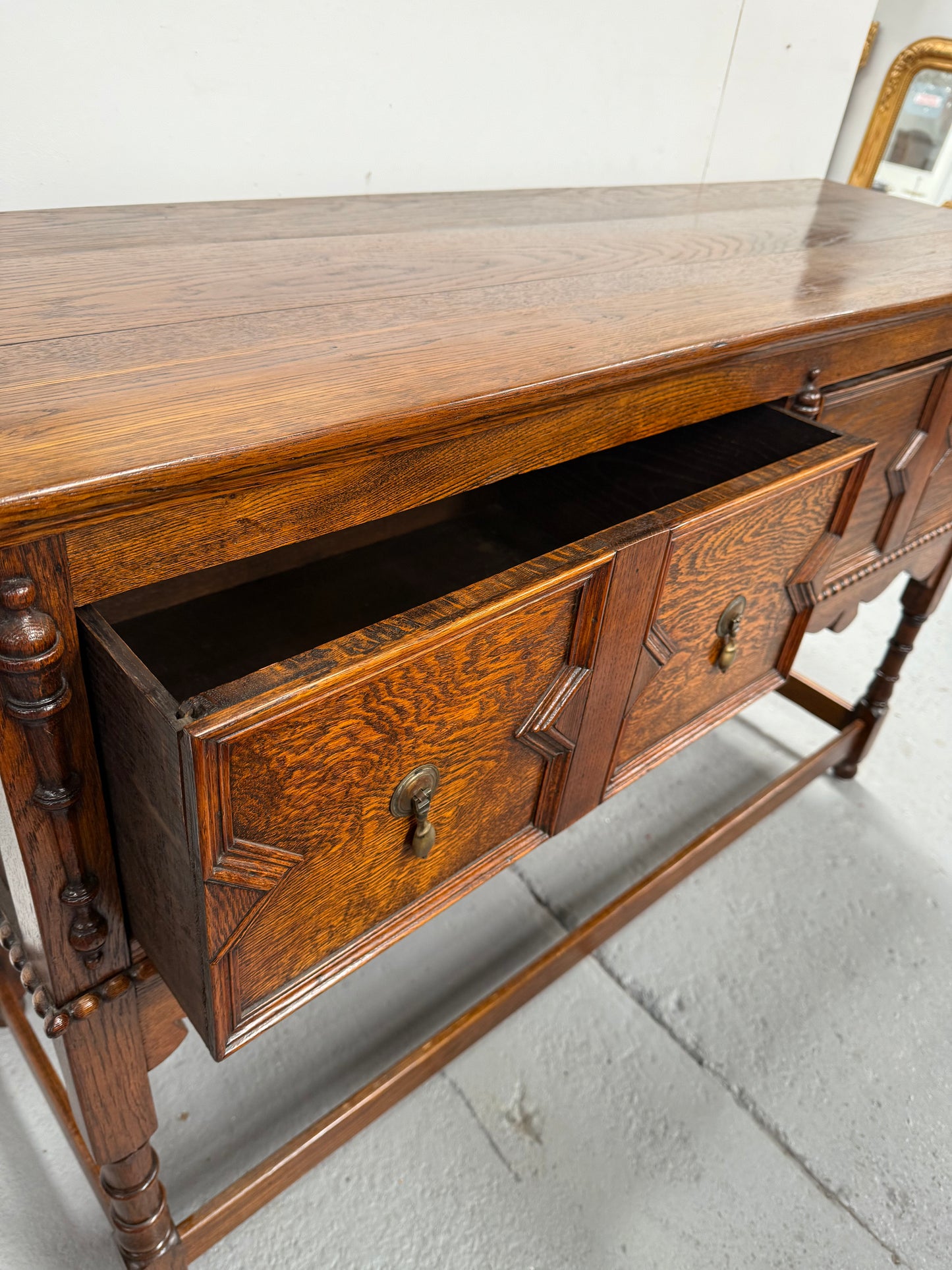 Tudor Style English Figured Oak Sideboard
