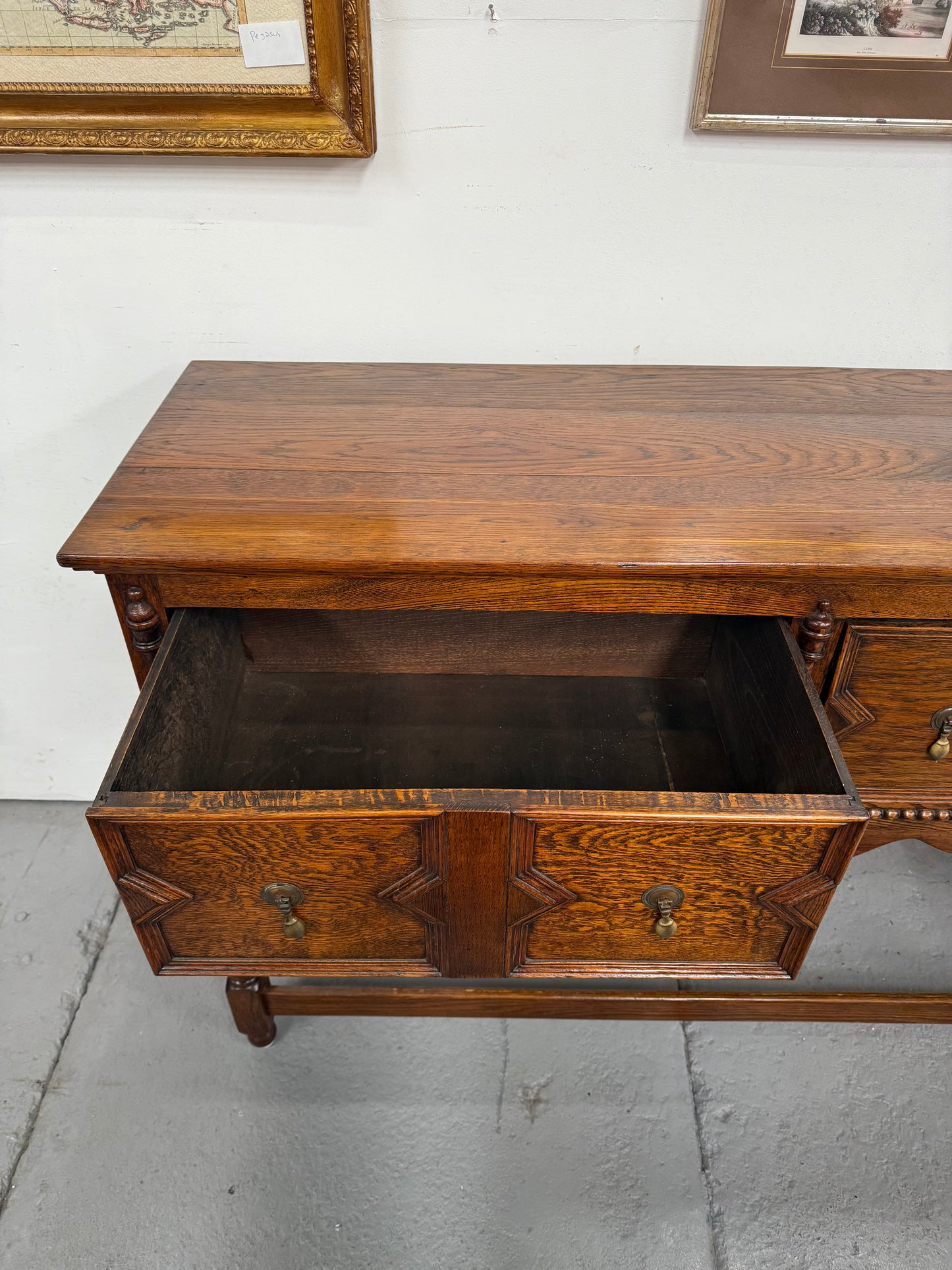 Tudor Style English Figured Oak Sideboard