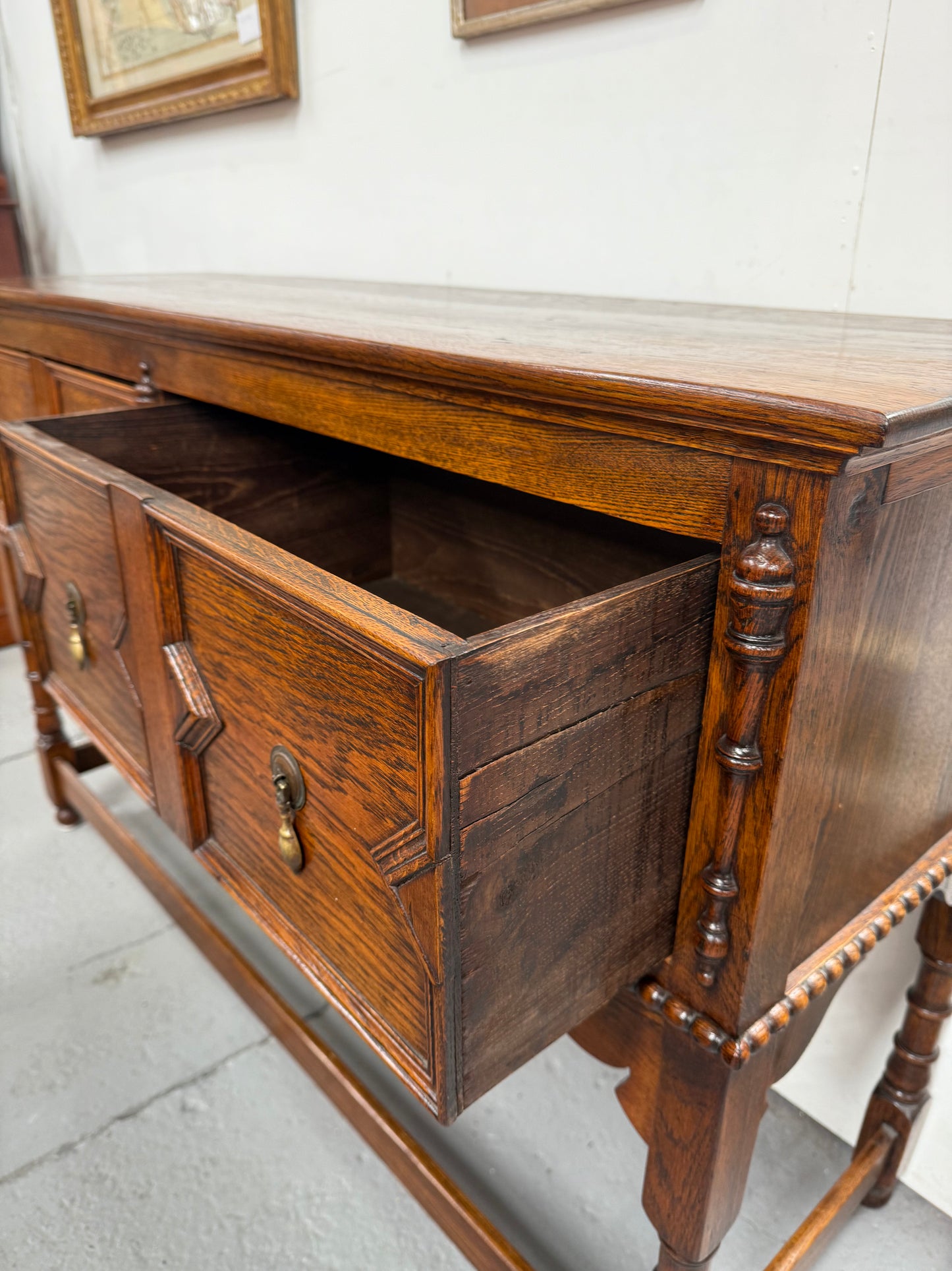Tudor Style English Figured Oak Sideboard