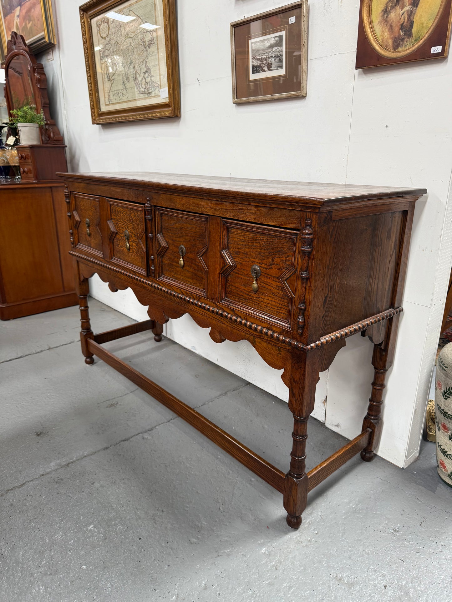 Tudor Style English Figured Oak Sideboard