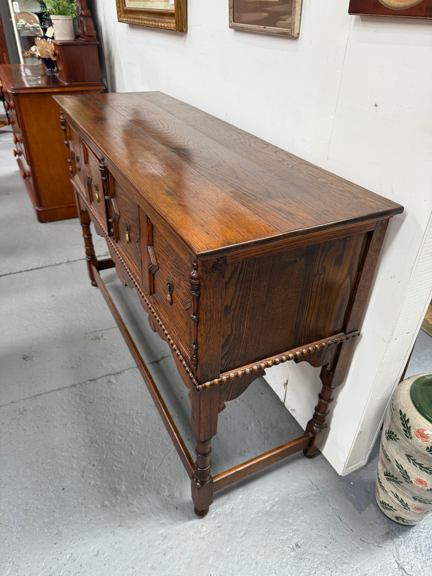 Tudor Style English Figured Oak Sideboard