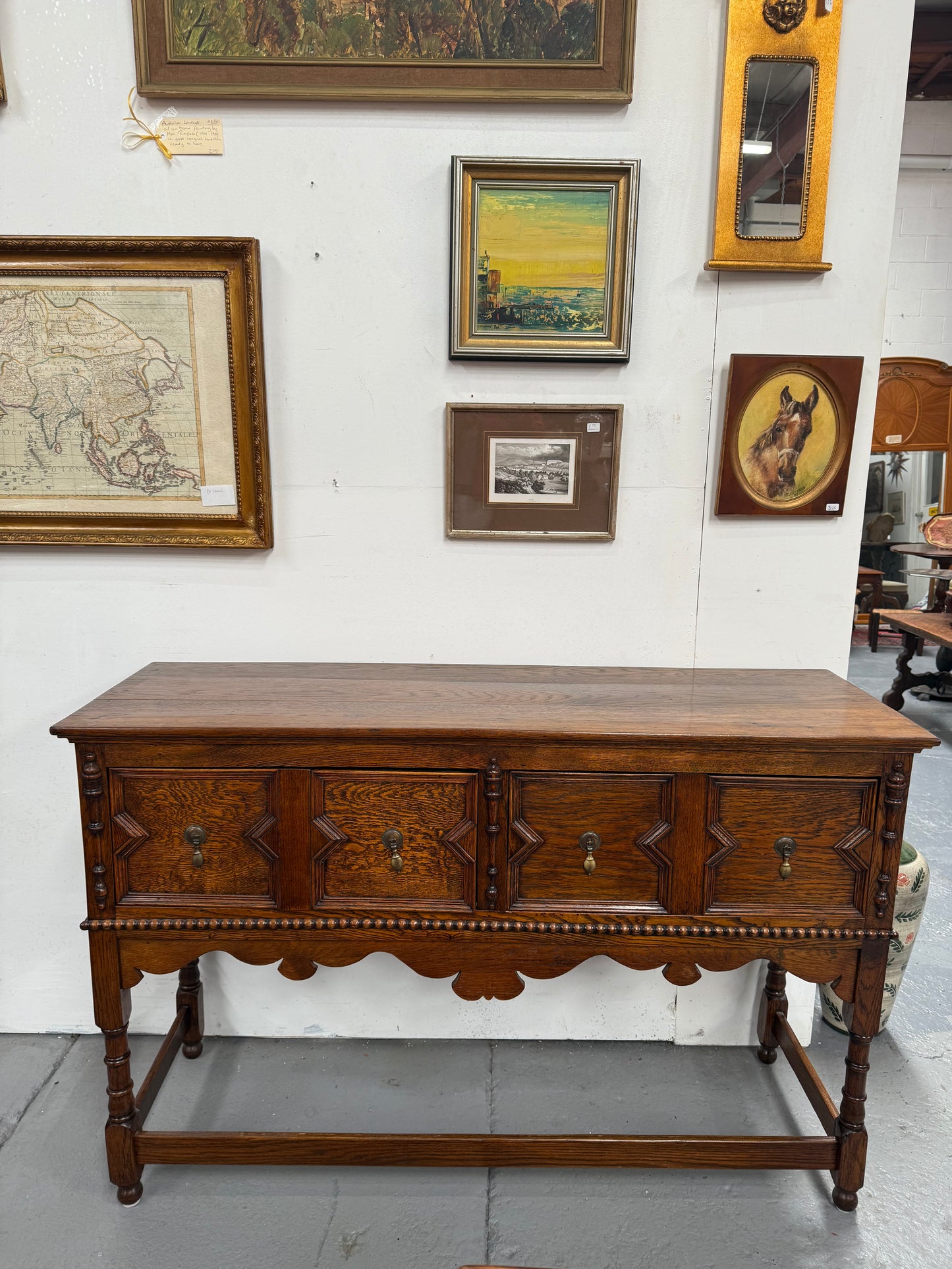 Tudor Style English Figured Oak Sideboard