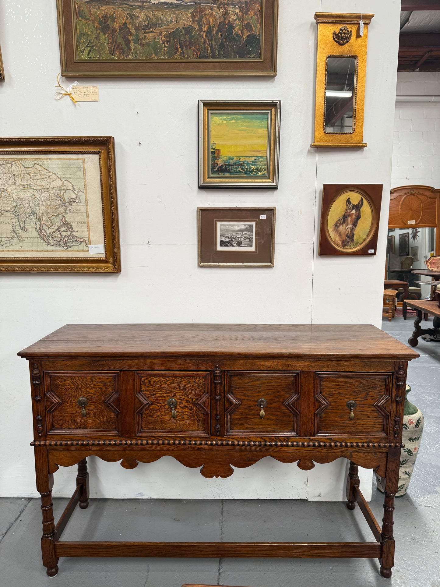 Tudor Style English Figured Oak Sideboard