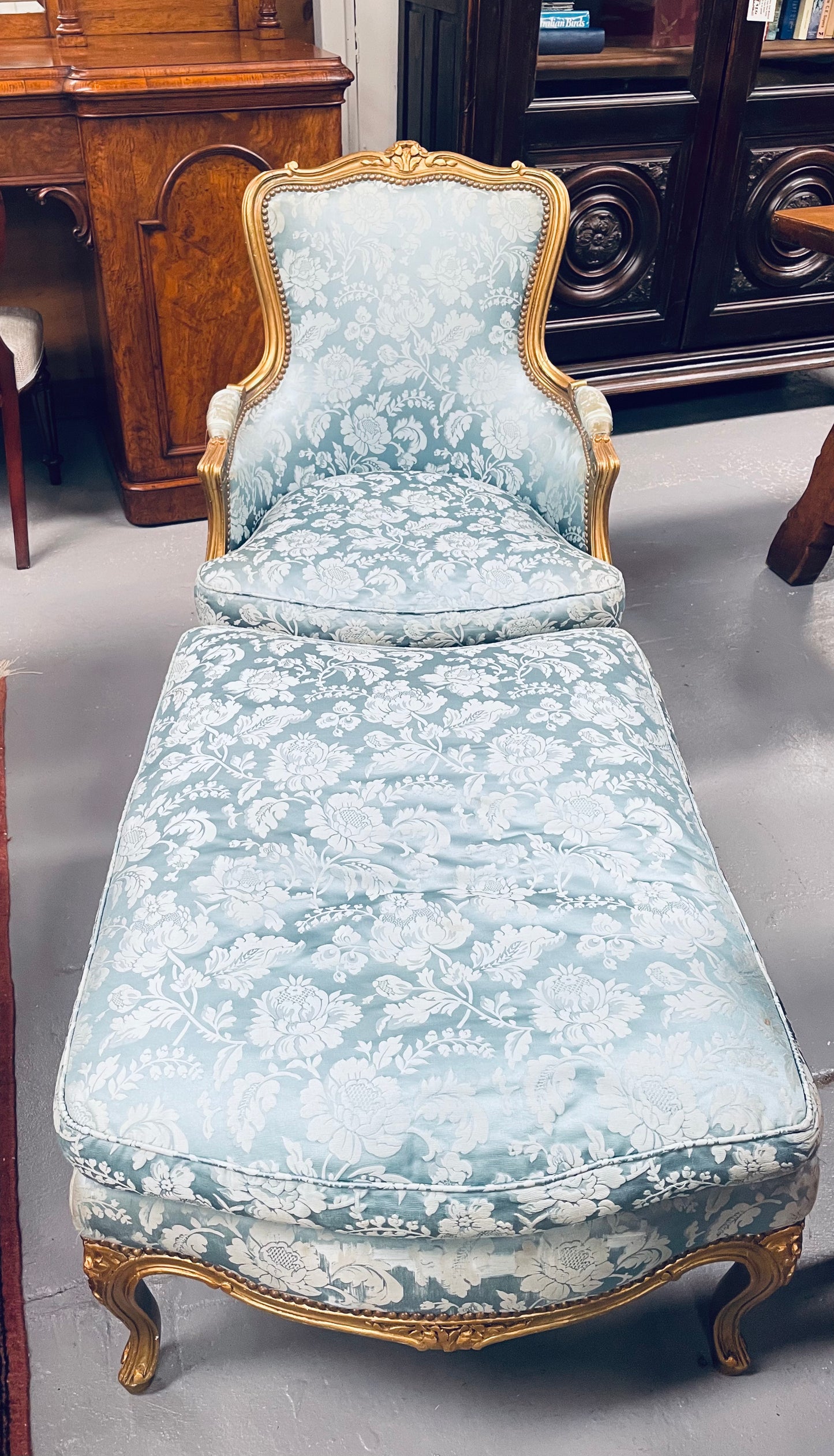 Louis XV Gilt & Blue Upholstered Bergere With Footstool