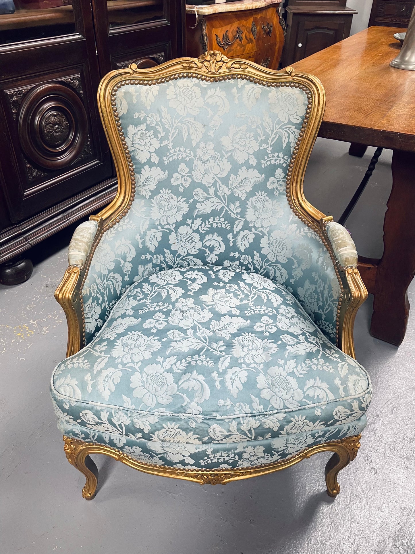 Louis XV Gilt & Blue Upholstered Bergere With Footstool