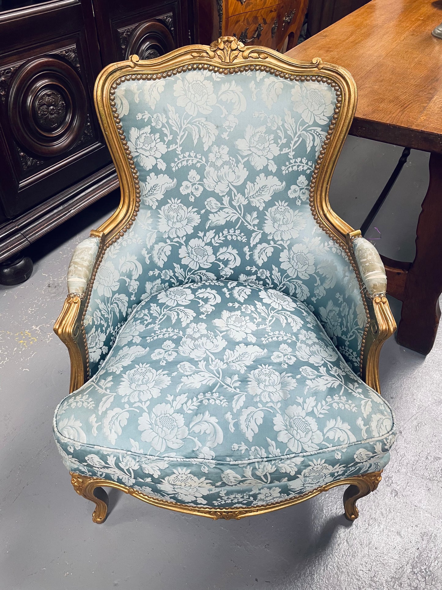 Louis XV Gilt & Blue Upholstered Bergere With Footstool