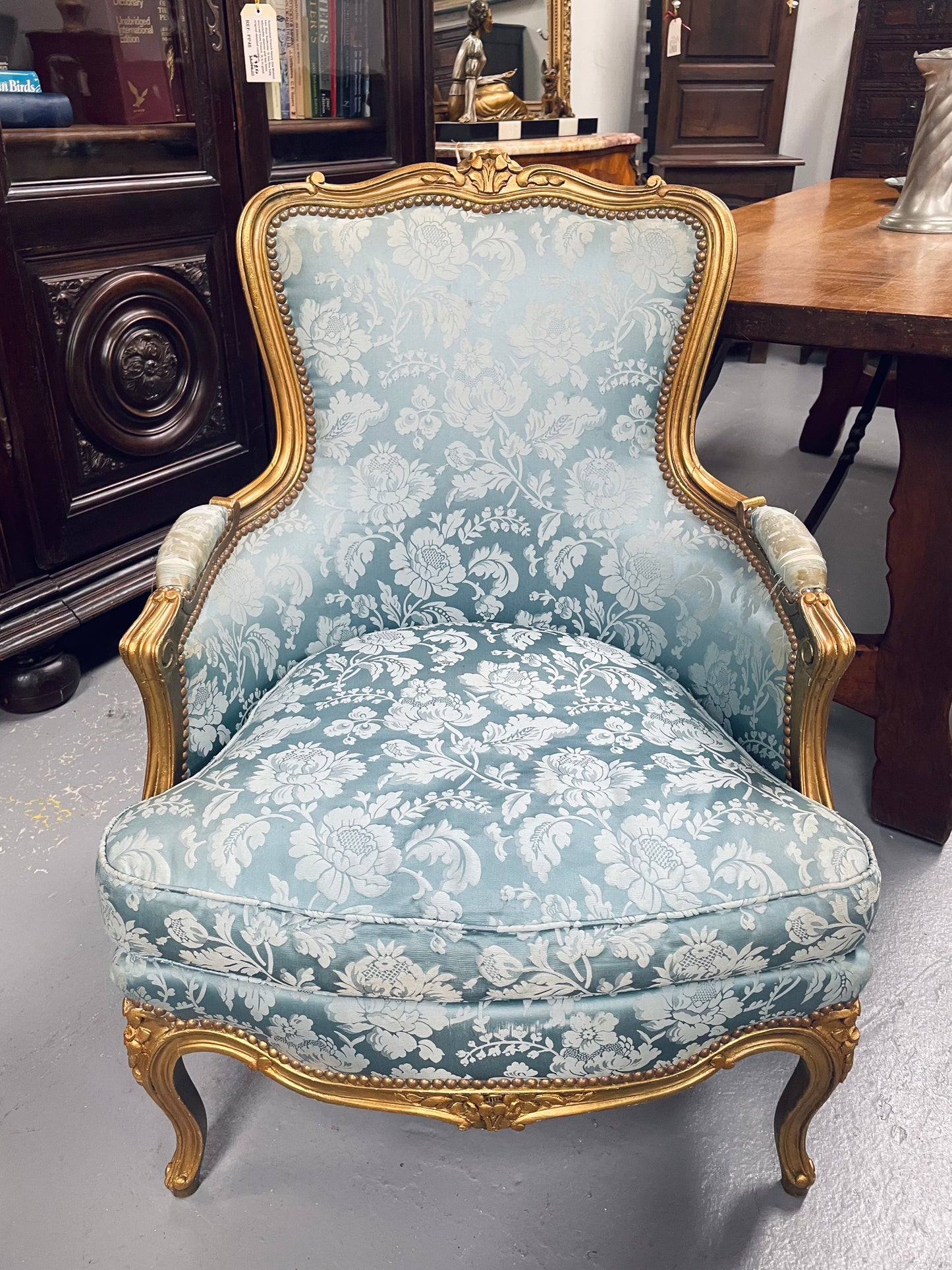 Louis XV Gilt & Blue Upholstered Bergere With Footstool