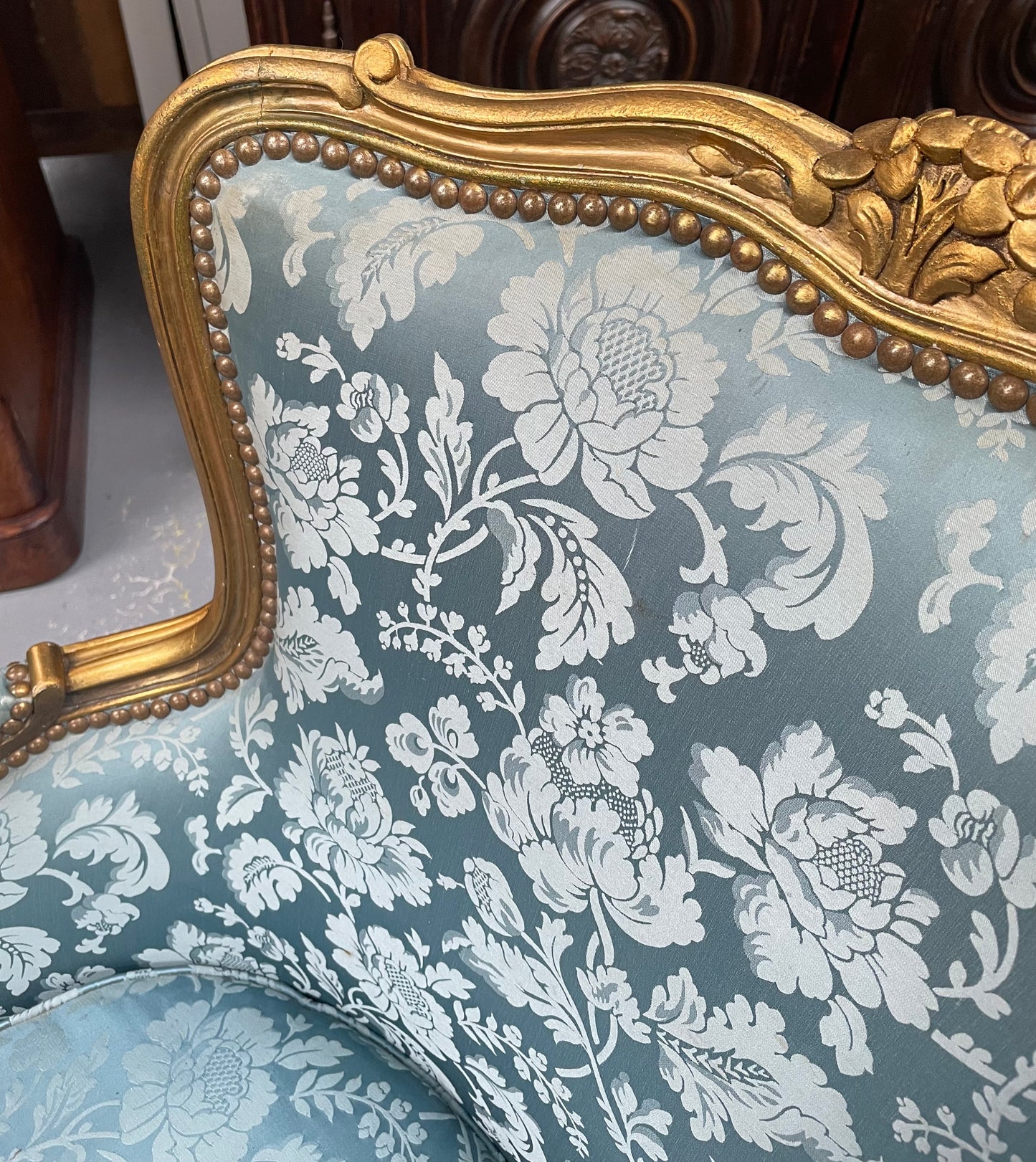 Louis XV Gilt & Blue Upholstered Bergere With Footstool