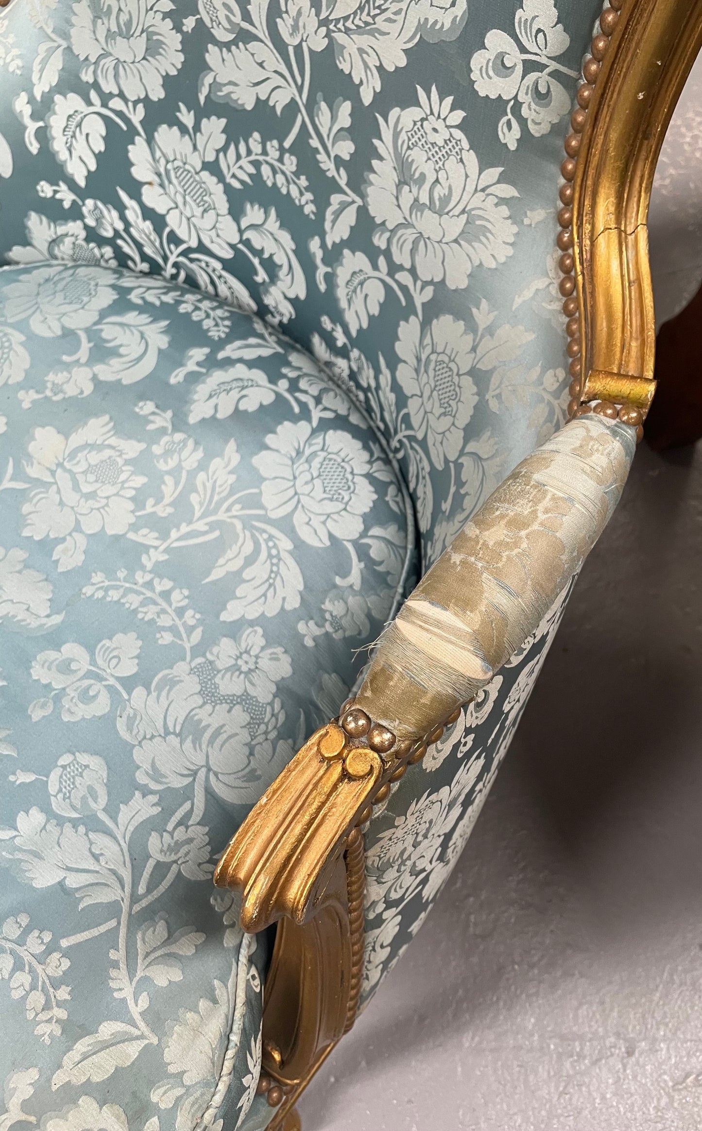 Louis XV Gilt & Blue Upholstered Bergere With Footstool
