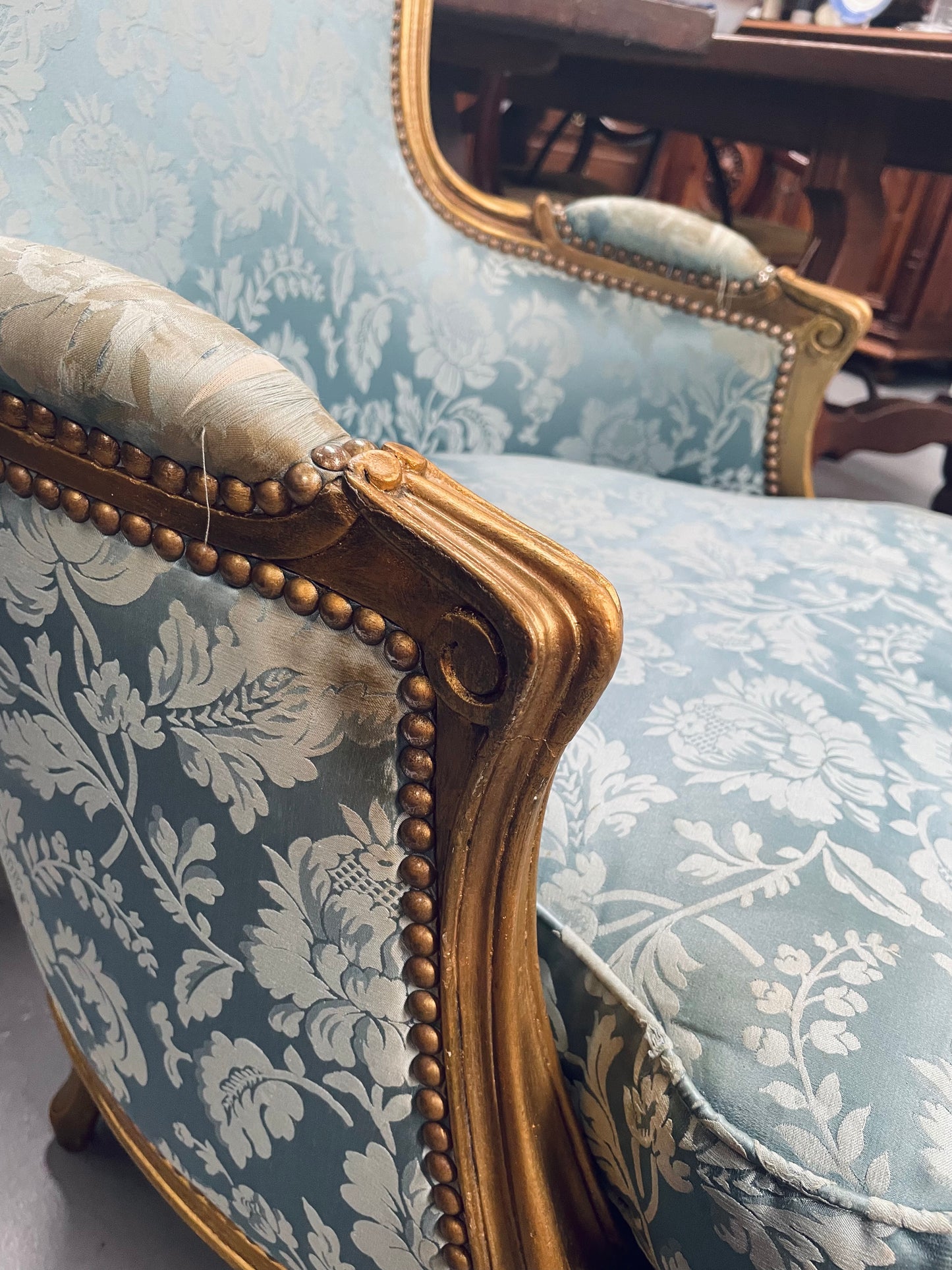 Louis XV Gilt & Blue Upholstered Bergere With Footstool