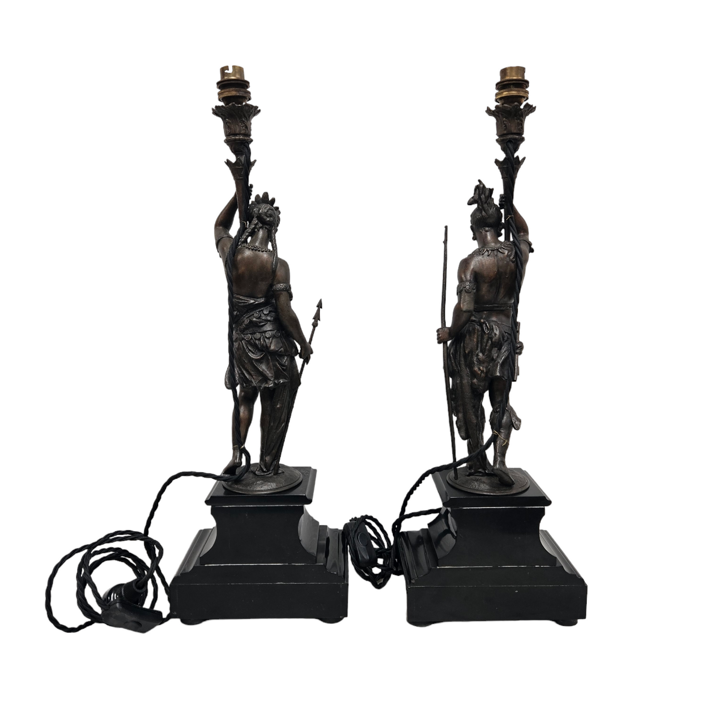 Pair 19th Century Marble Bronze Metal Lamps of Natives