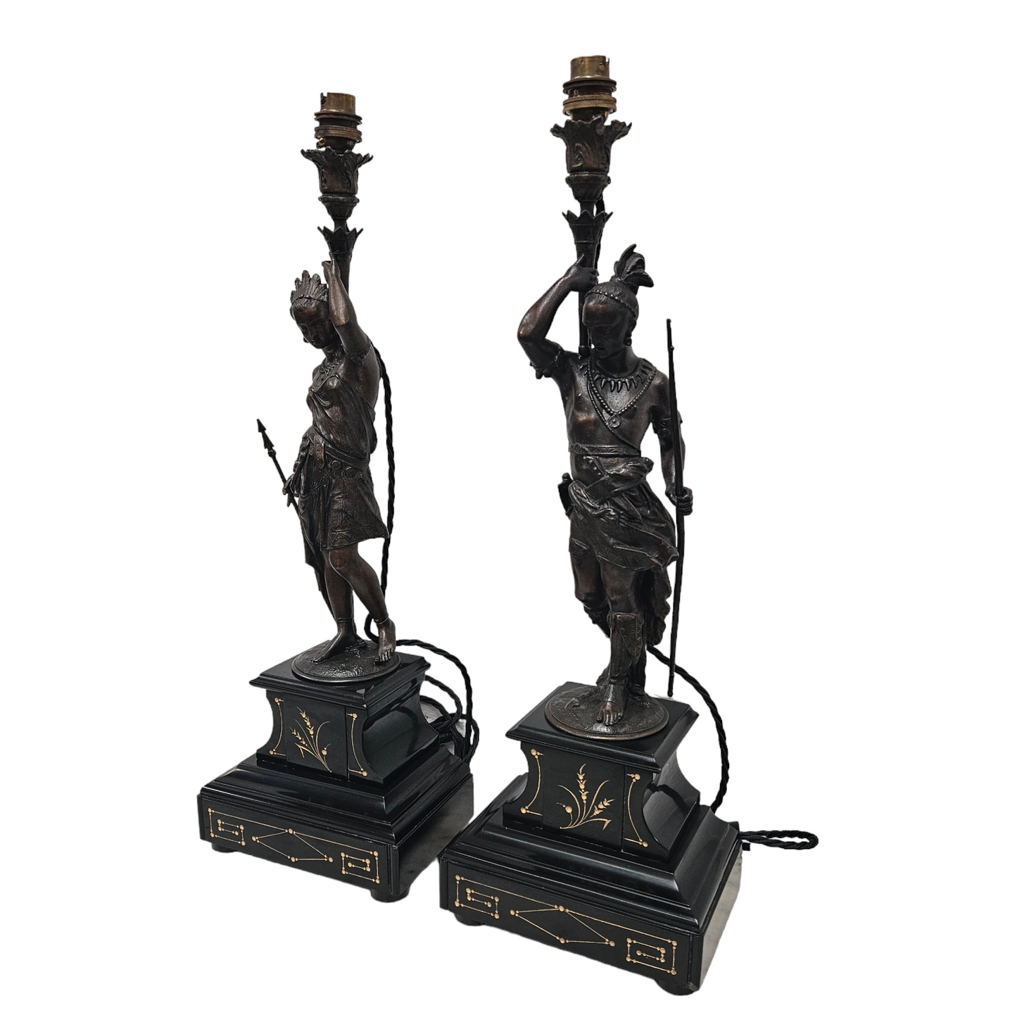 Pair 19th Century Marble Bronze Metal Lamps of Natives
