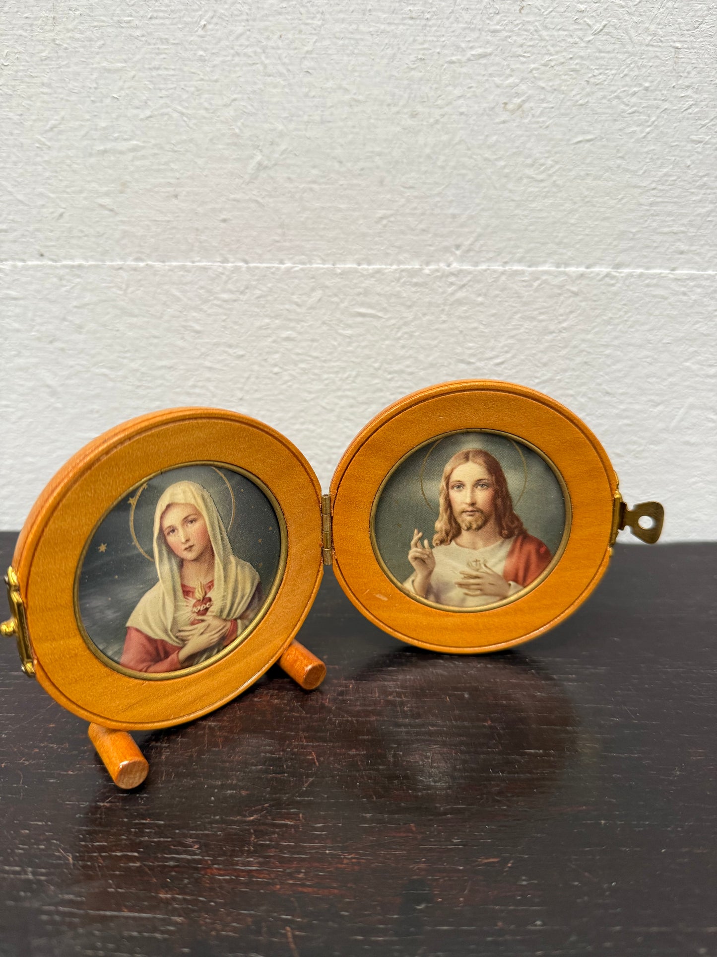 Vintage Portable Mary & Jesus Images In Wooden Frame