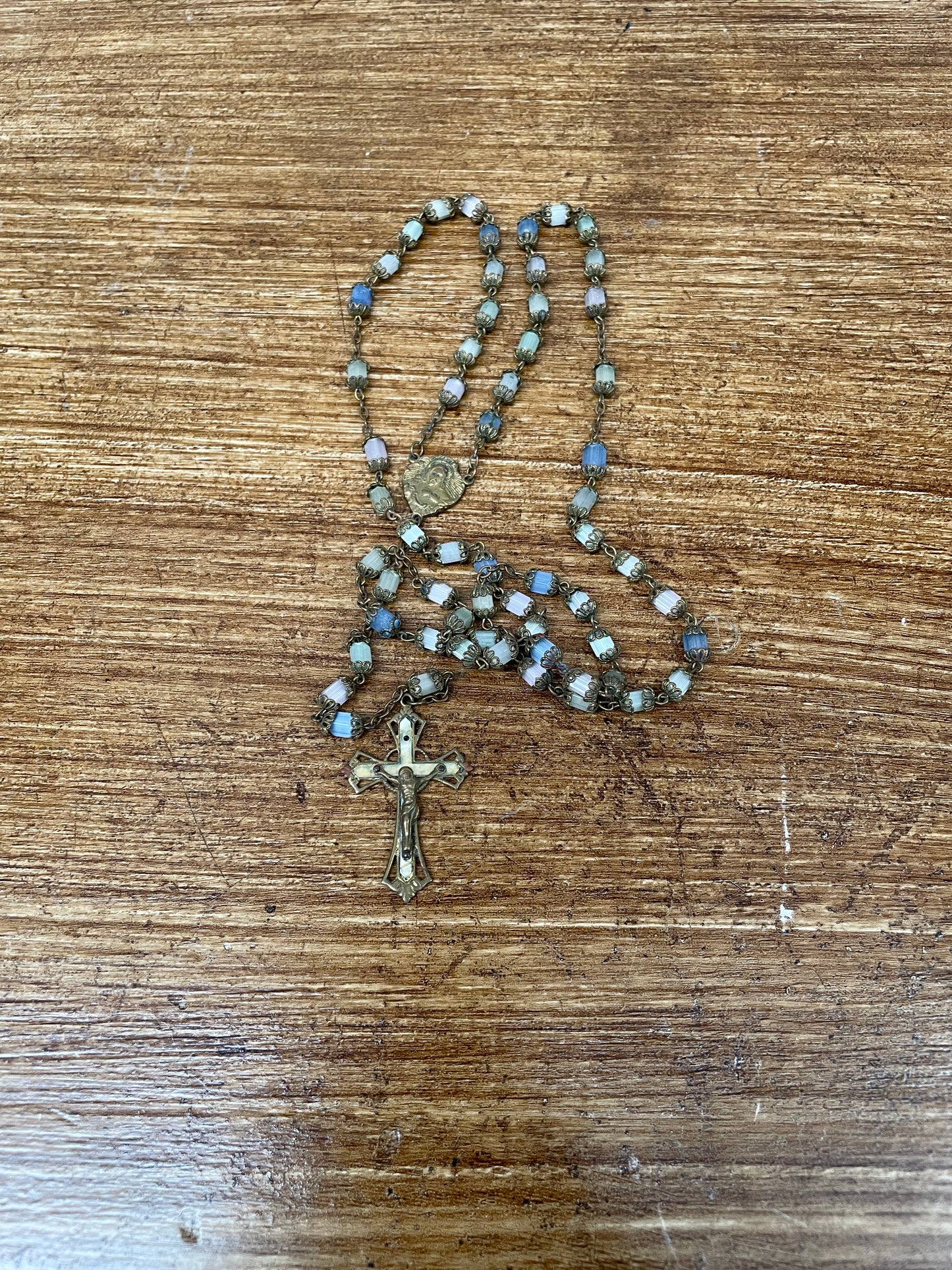 Antique Rosary Beads Of Gilt Metal & Cut Crystal