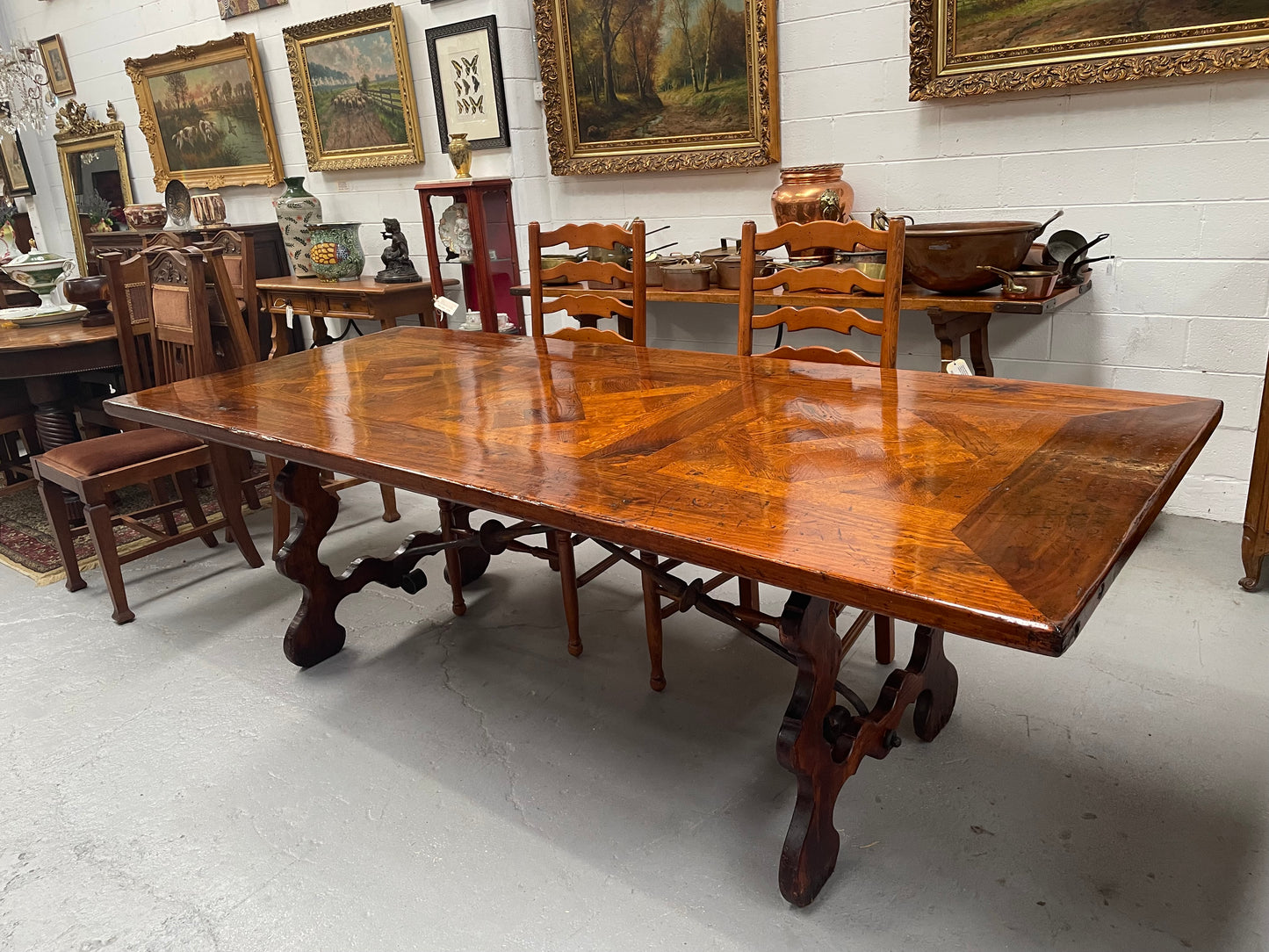 Large Spanish Style Pine & Oak Parquetry Top Dining Table