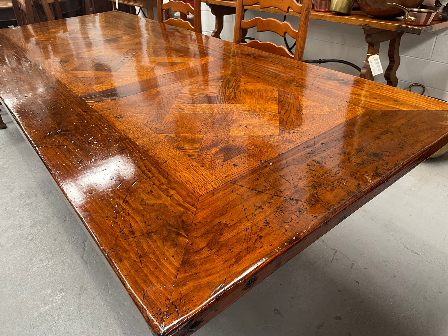 Large Spanish Style Pine & Oak Parquetry Top Dining Table