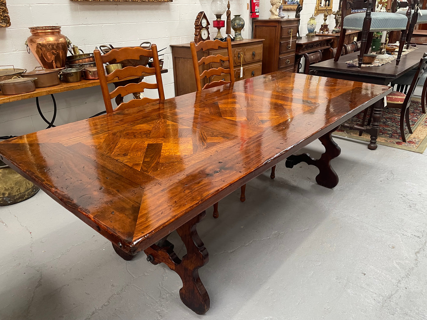 Large Spanish Style Pine & Oak Parquetry Top Dining Table
