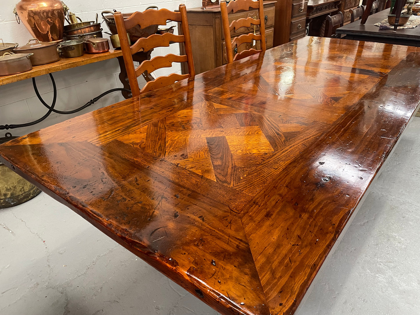 Large Spanish Style Pine & Oak Parquetry Top Dining Table