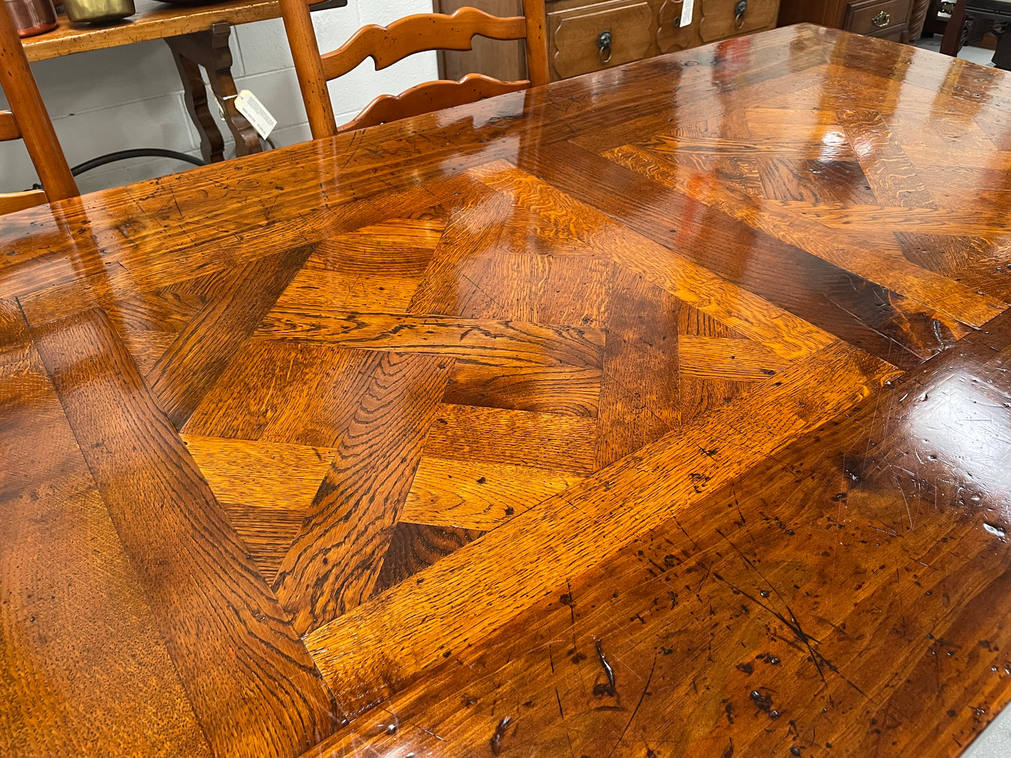 Large Spanish Style Pine & Oak Parquetry Top Dining Table