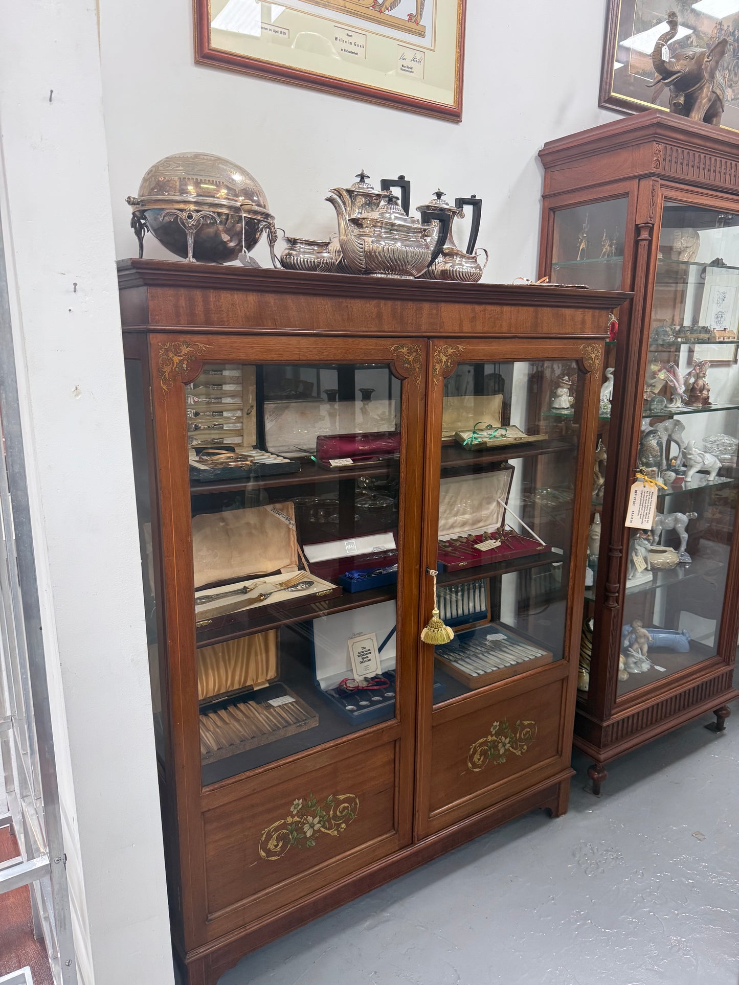 Edwardian Marquetry Inlaid & Hand Painted Display Cabinet