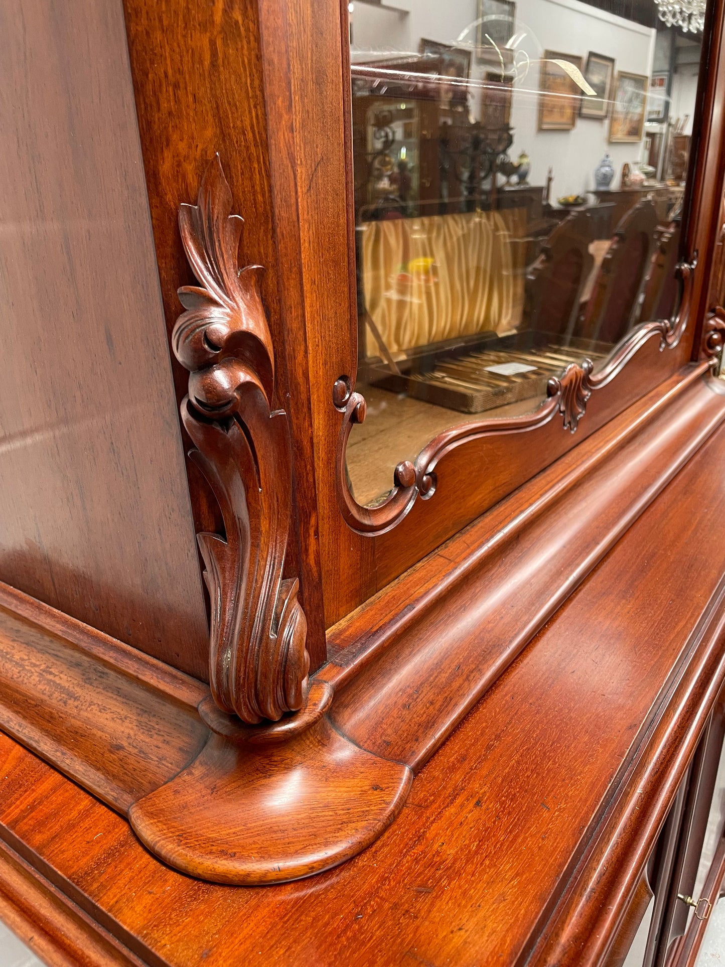 Outstanding French Mahogany sideboard of good small proportions. It has a lovely display area at the top and hidden storage at the bottom. In good restored condition. Circa 1860.