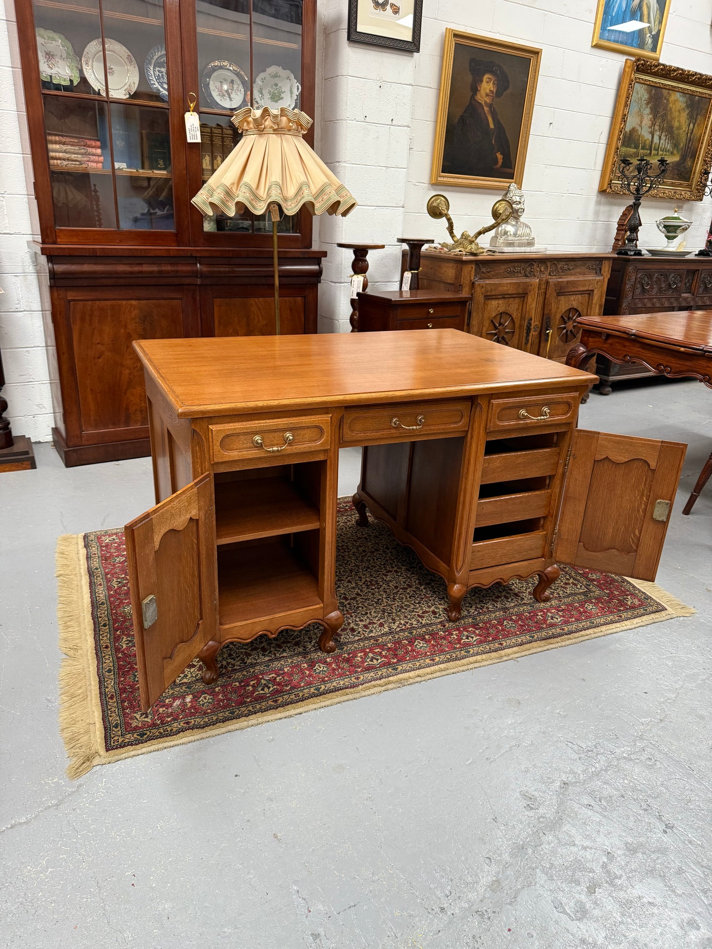 French Oak Faux Partners Desk of Pleasing Small Proportions