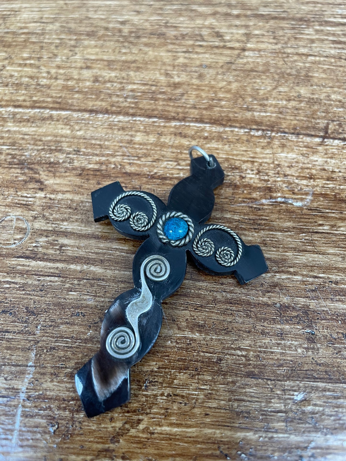 Antique Carved Horn & Silver & Lapis Cross