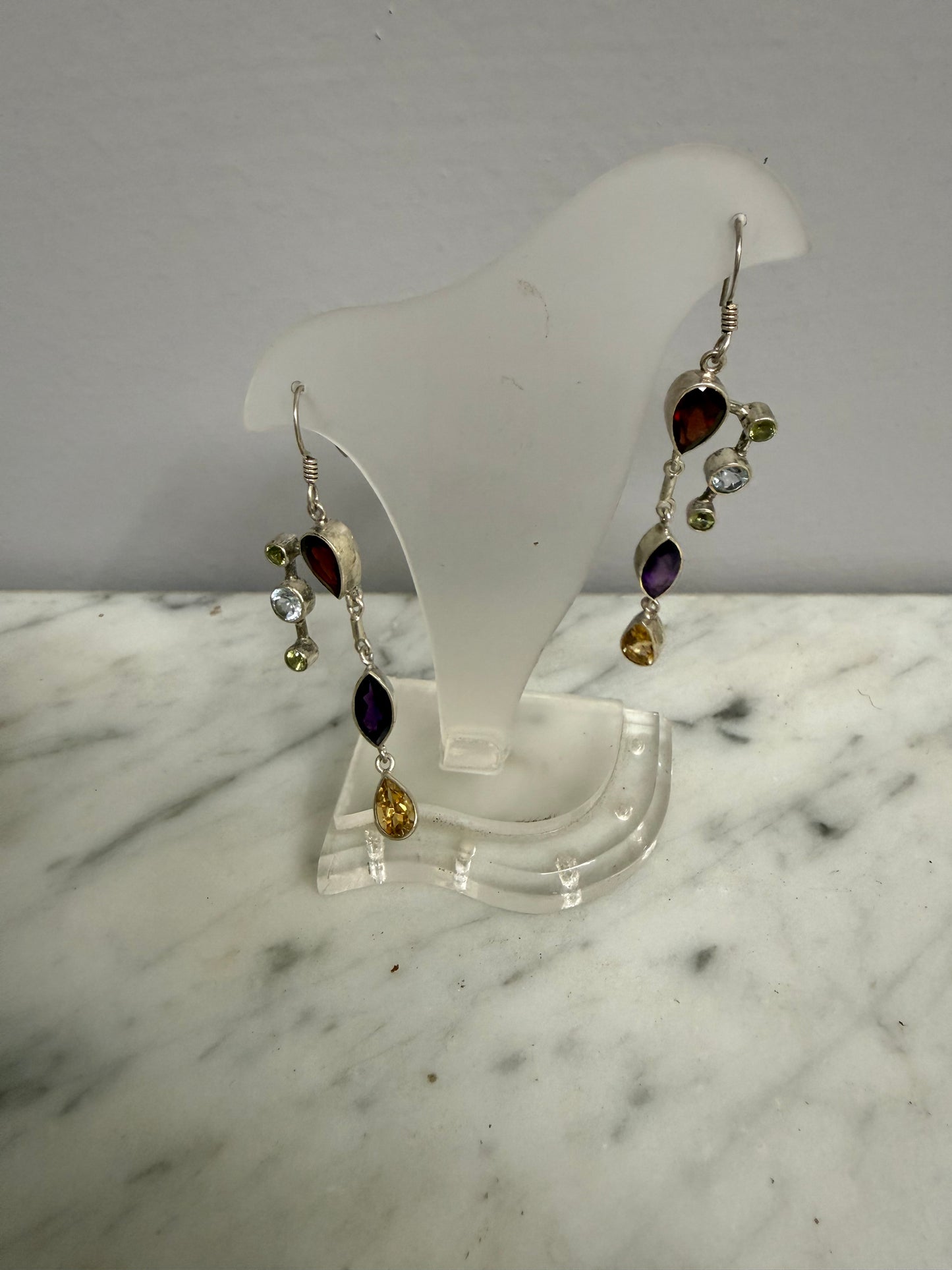 Vintage Sterling Silver Earrings With Garnet, Blue Topaz& Peridot Stones