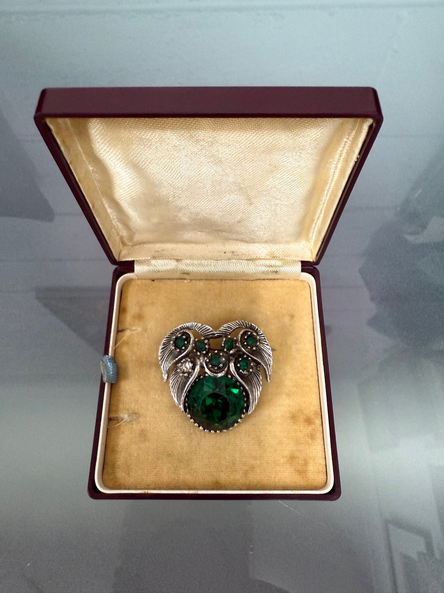 Vintage White Metal & Green Glass Brooch