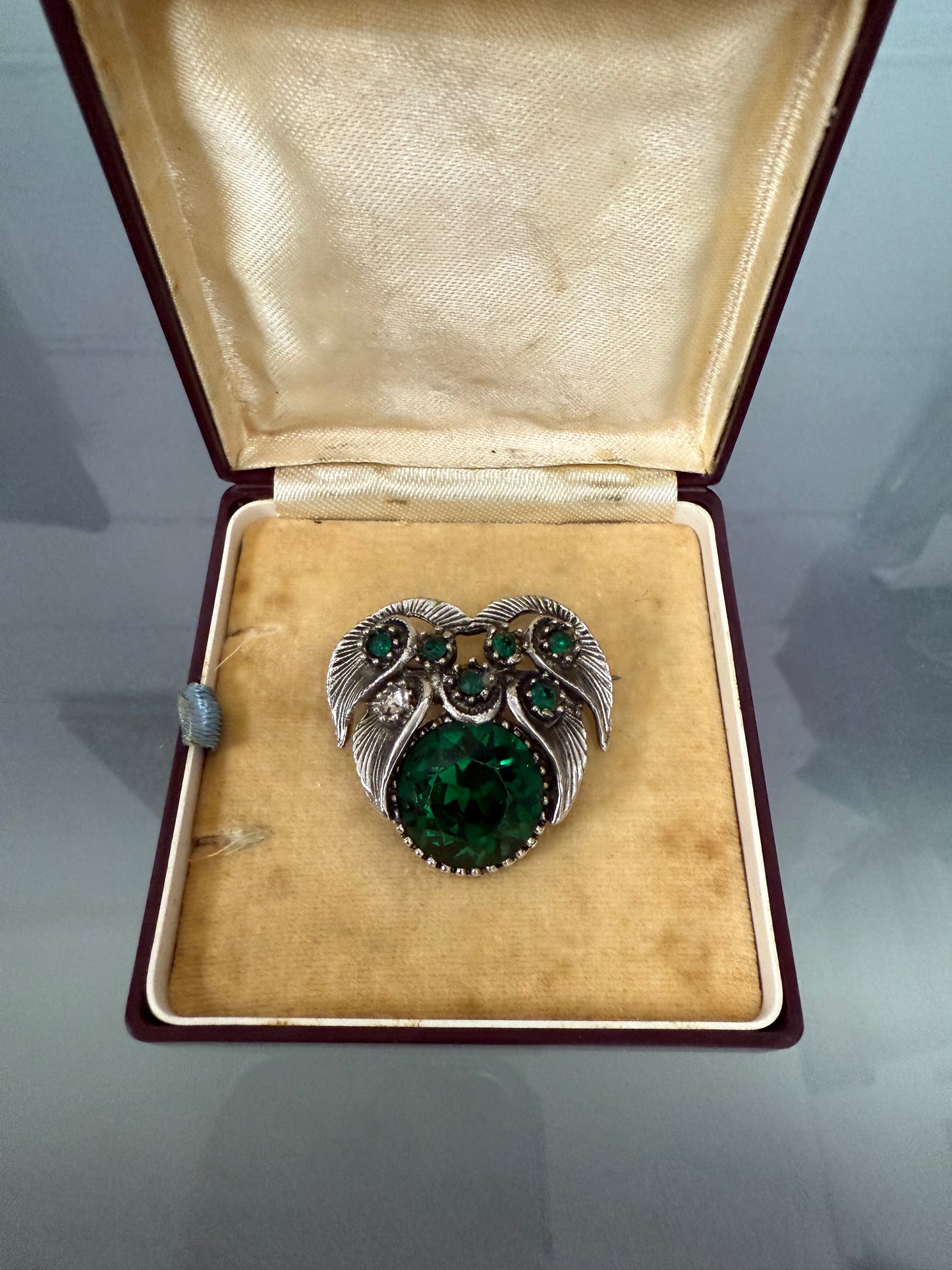 Vintage White Metal & Green Glass Brooch