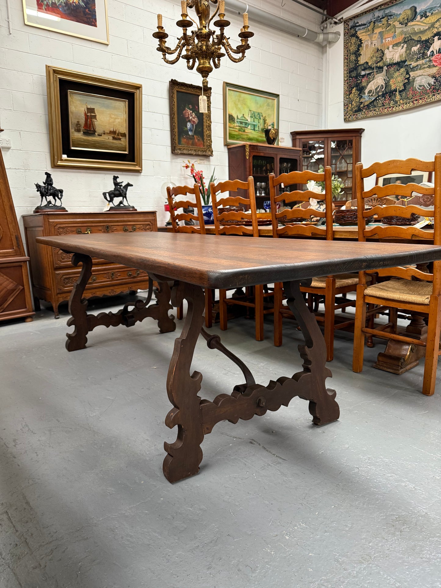 Vintage Spanish Style Oak Dining Table With Wrought Iron Base