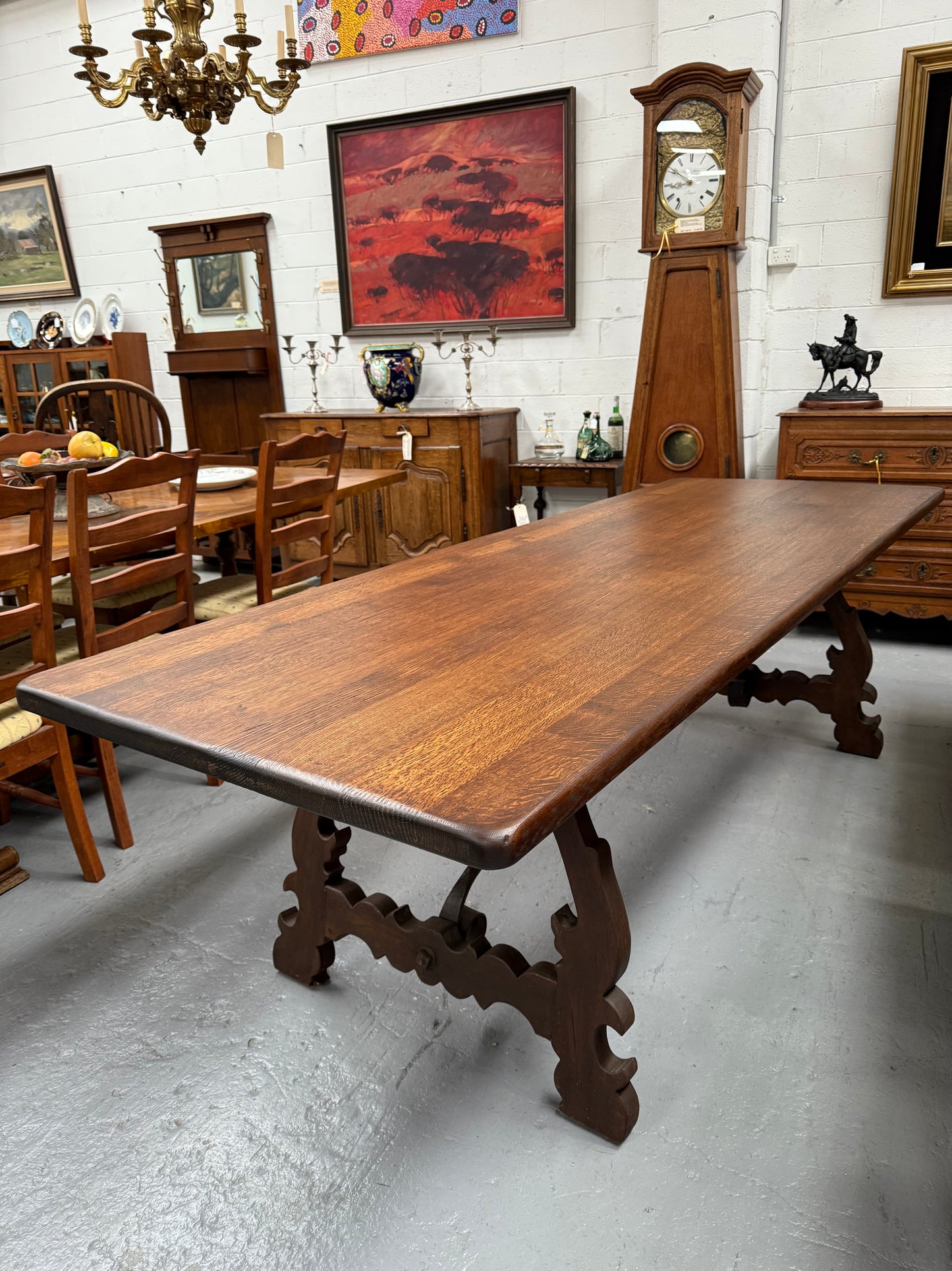 Vintage Spanish Style Oak Dining Table With Wrought Iron Base