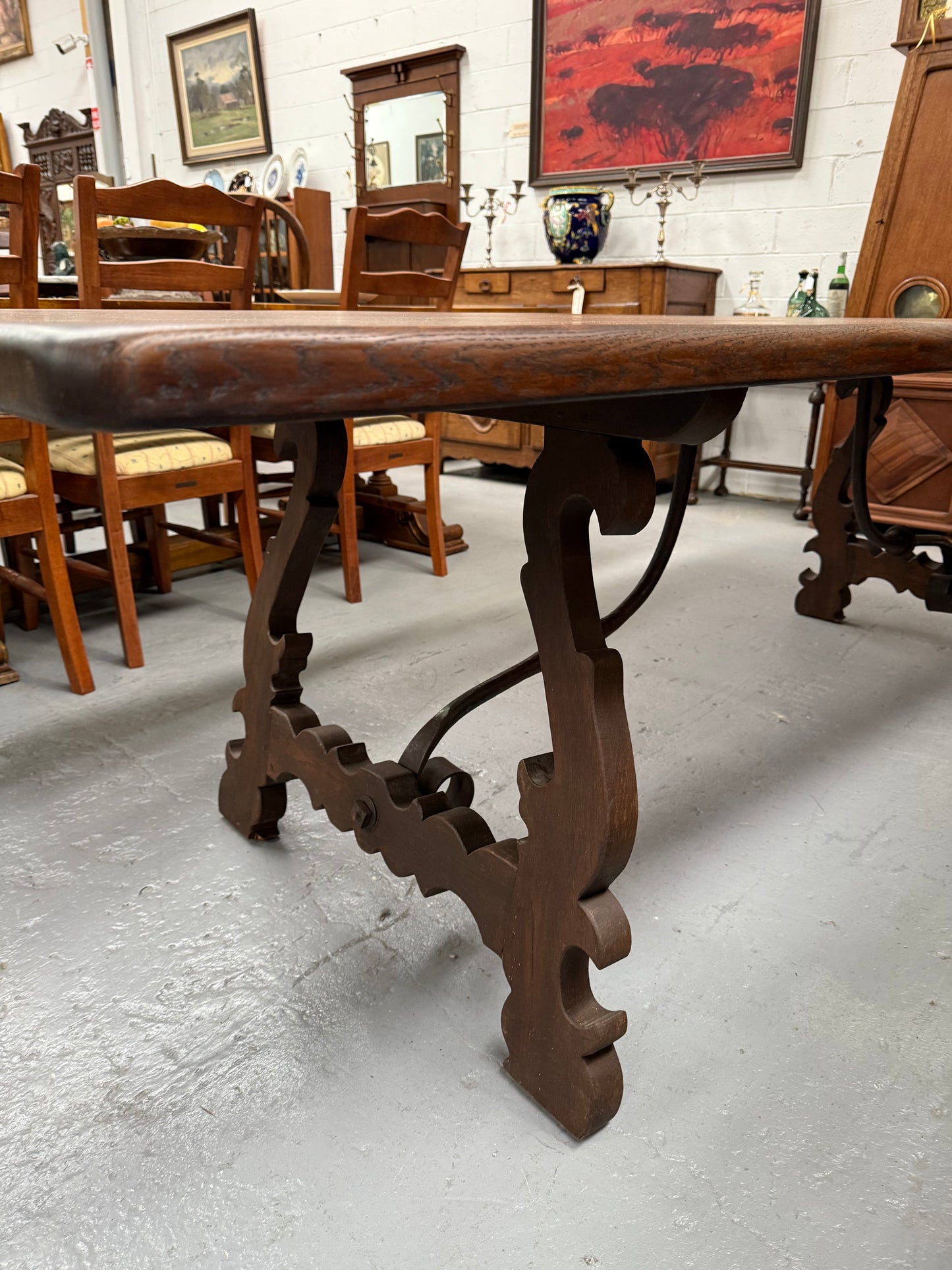 Vintage Spanish Style Oak Dining Table With Wrought Iron Base