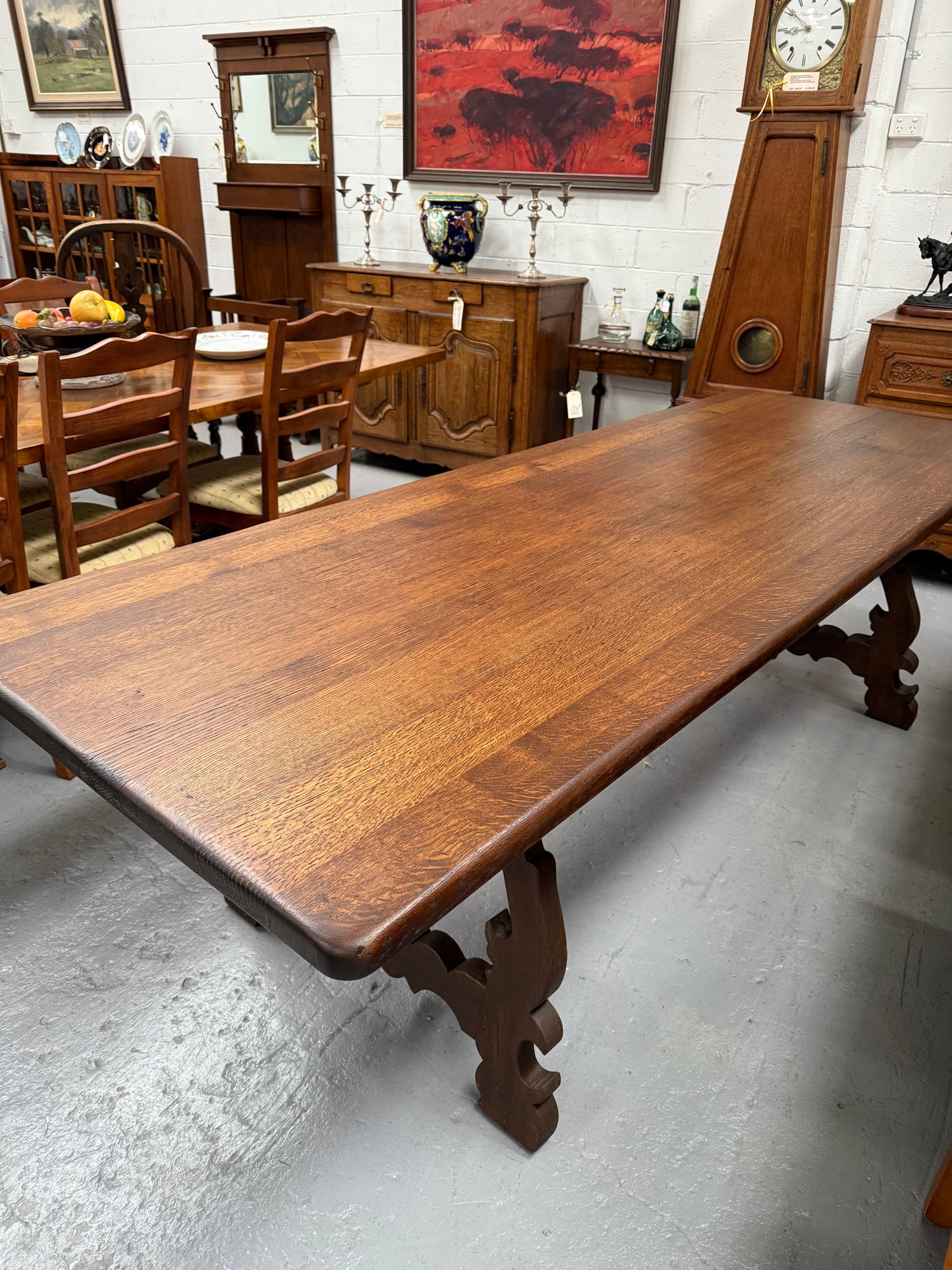 Vintage Spanish Style Oak Dining Table With Wrought Iron Base