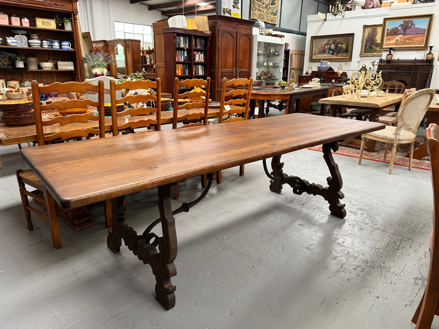 Vintage Spanish Style Oak Dining Table With Wrought Iron Base
