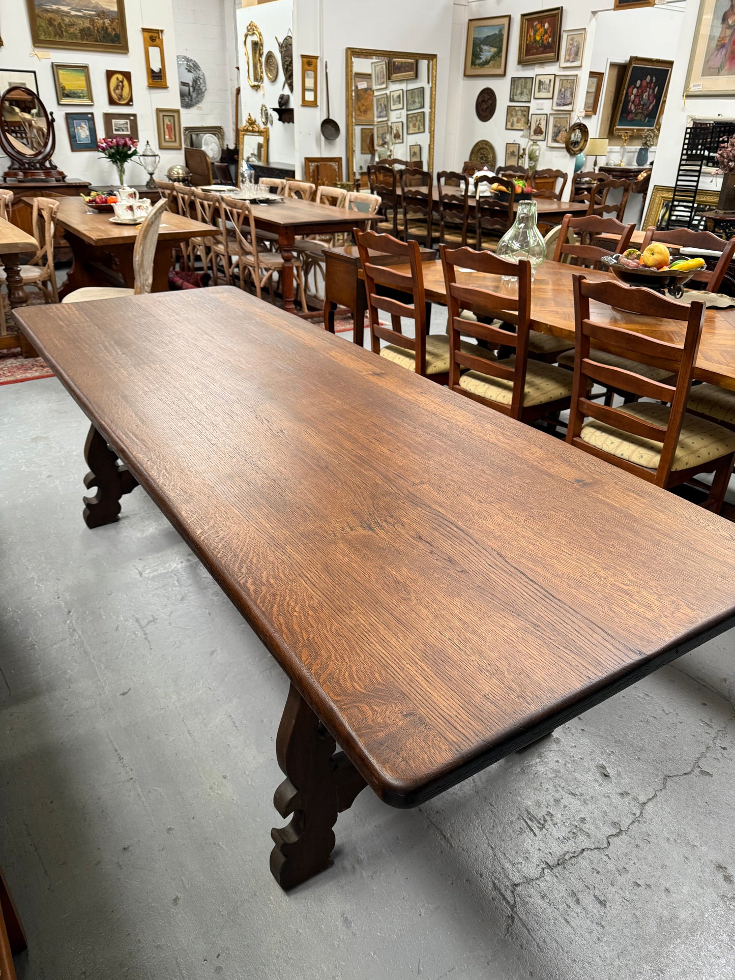 Vintage Spanish Style Oak Dining Table With Wrought Iron Base