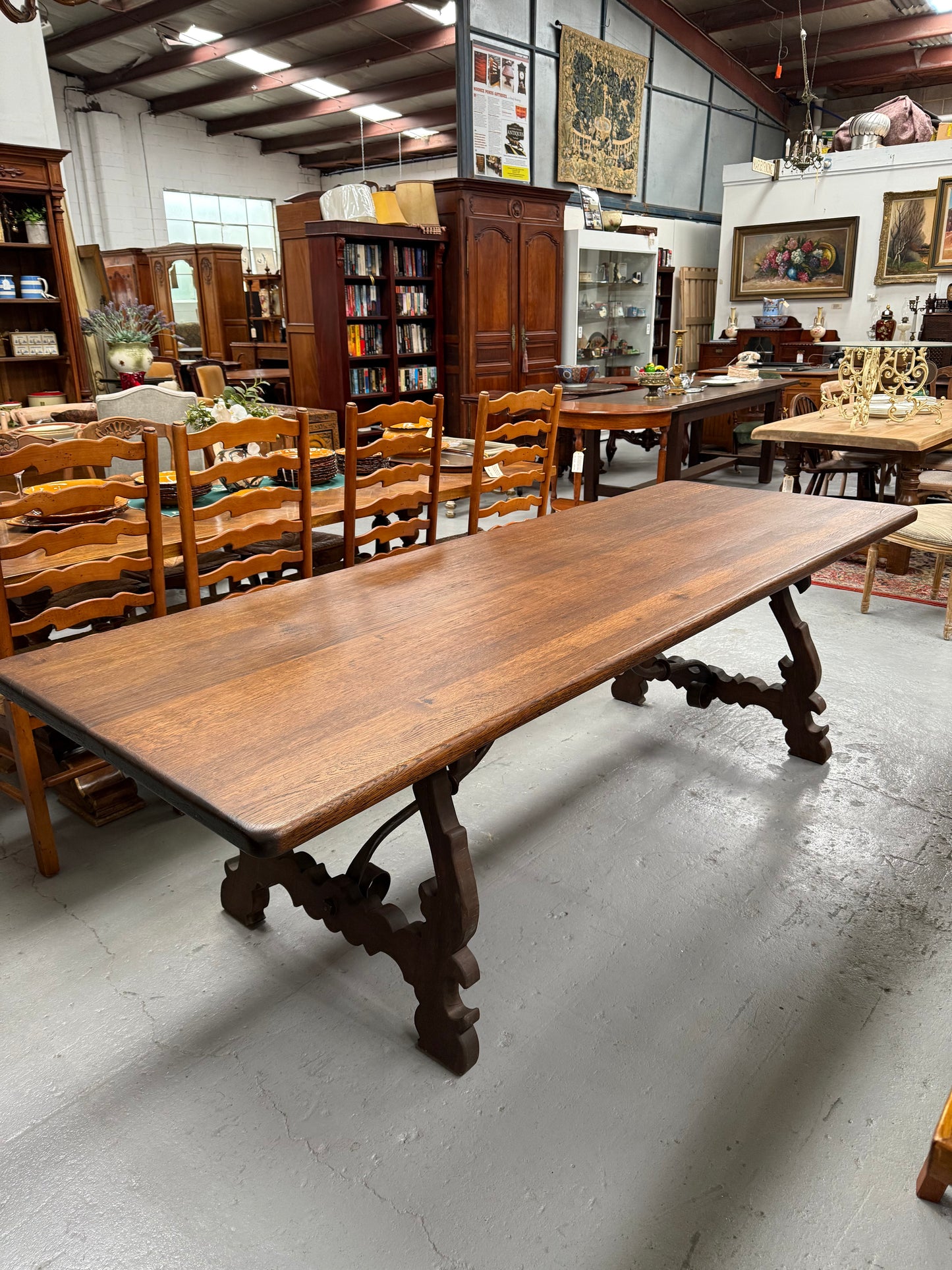 Vintage Spanish Style Oak Dining Table With Wrought Iron Base
