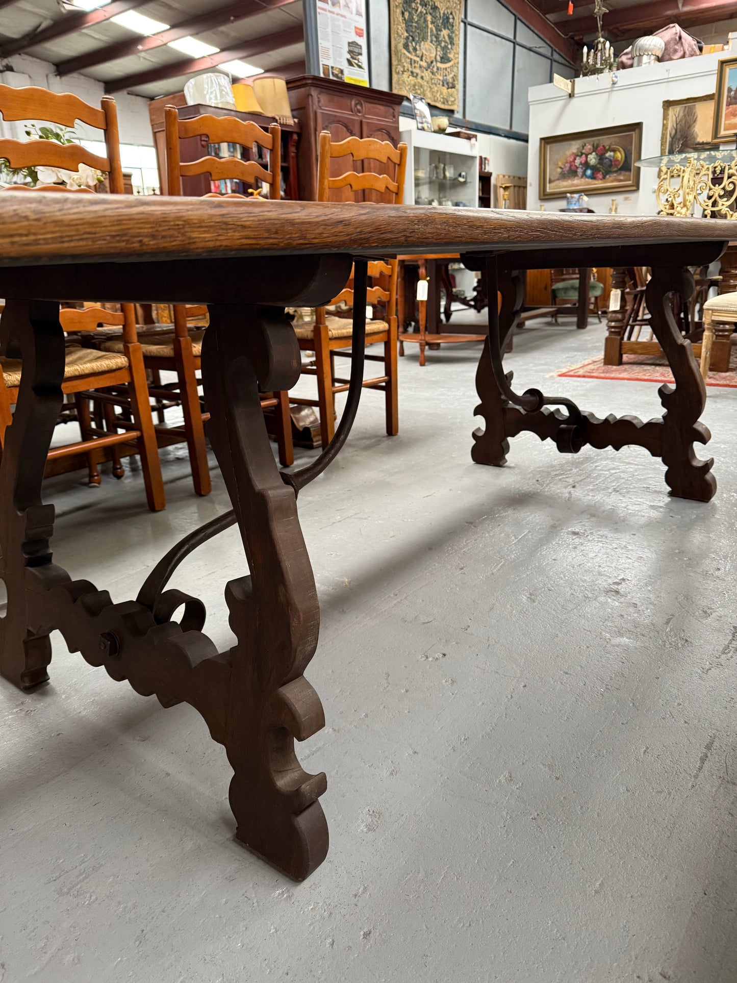 Vintage Spanish Style Oak Dining Table With Wrought Iron Base