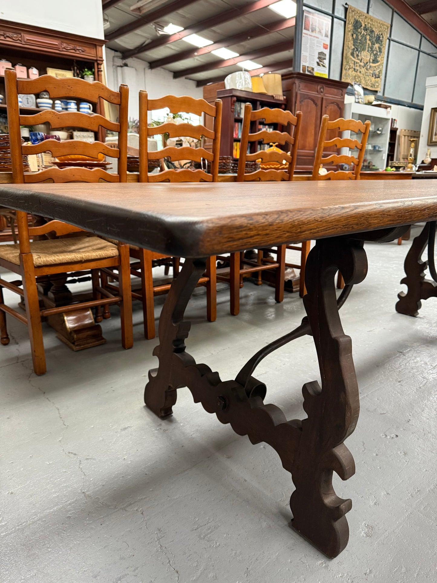 Vintage Spanish Style Oak Dining Table With Wrought Iron Base