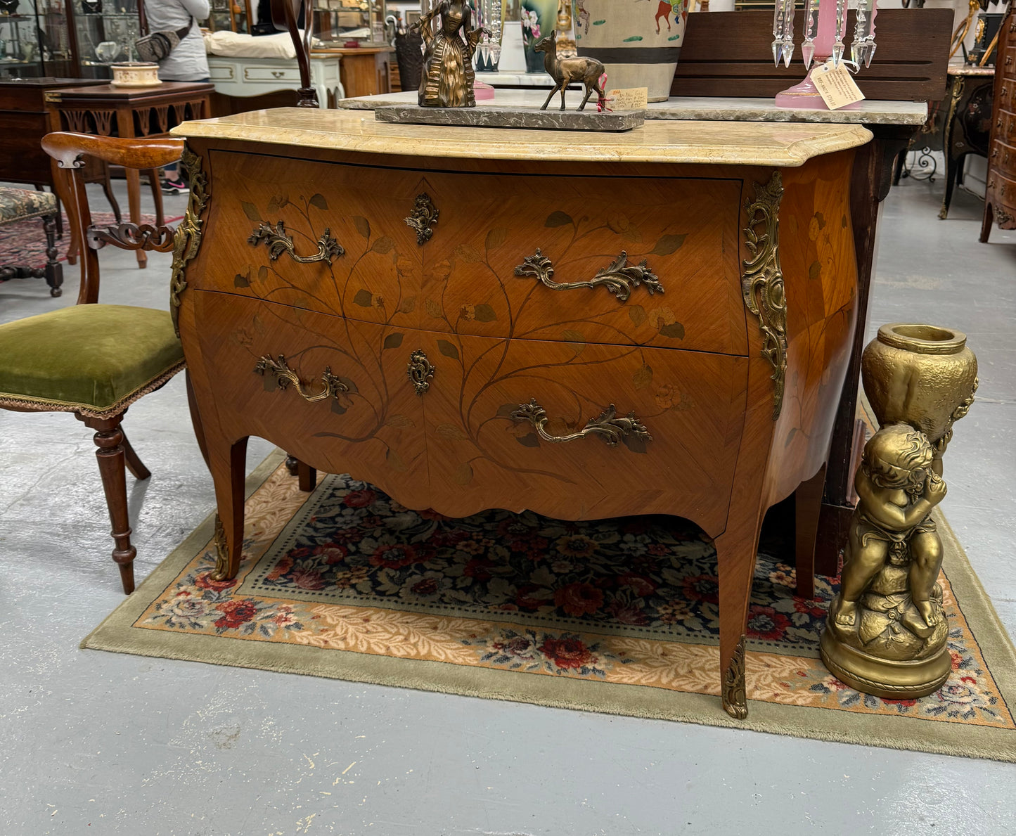 French 2 Drawer Commode With Marquetry Inlay & Marble Top