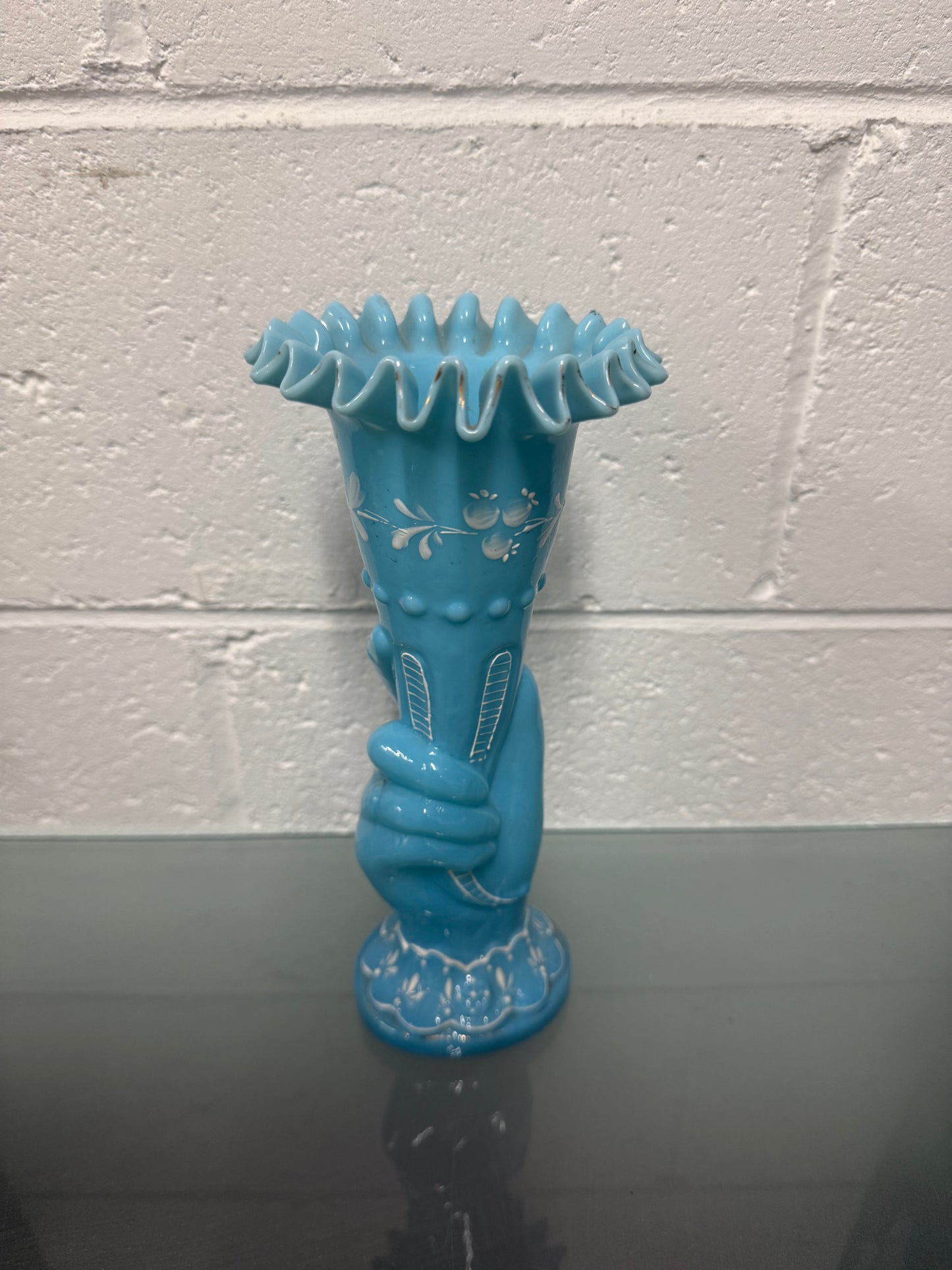 Victorian Opaline Hand Painted Enamel Hand Vase