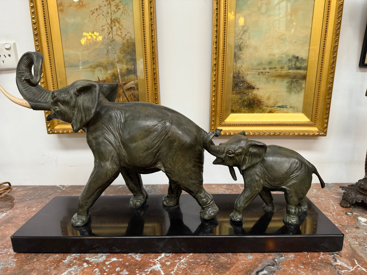 Art Deco Spelter Elephant Group On Marble Base