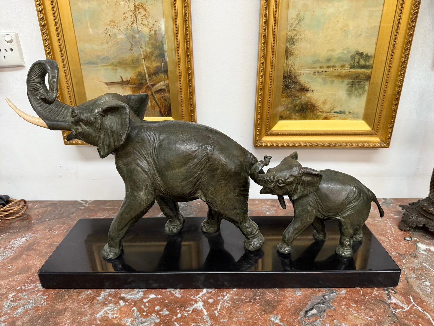 Art Deco Spelter Elephant Group On Marble Base