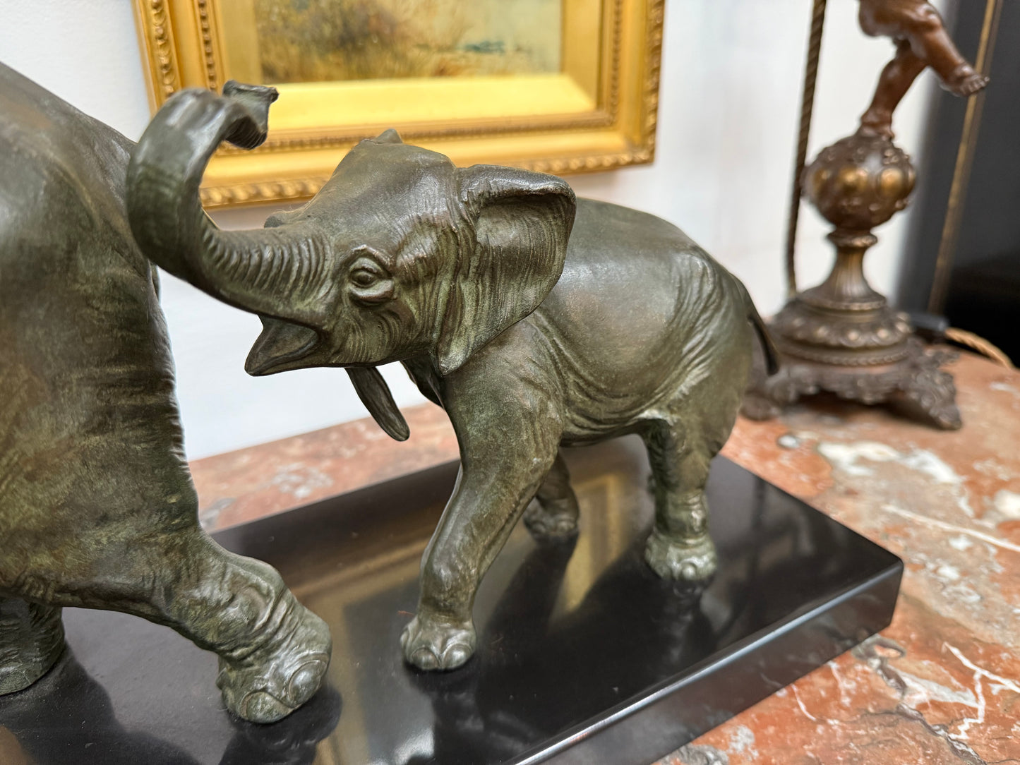 Art Deco Spelter Elephant Group On Marble Base