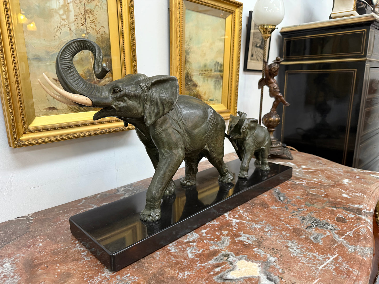 Art Deco Spelter Elephant Group On Marble Base